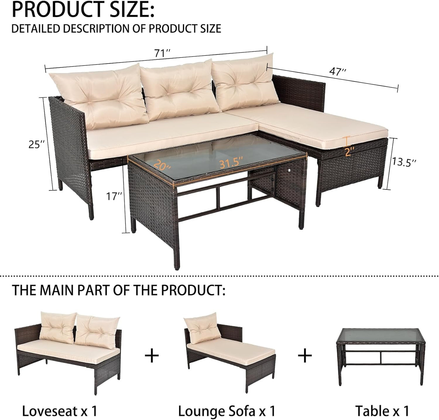 COOKCOK 3 Piece Patio Furniture Set, Outdoor PE Wicker Sectional Conversation Sofa Chair with Coffee Table & Khaki Cushion, Rattan Couch Sofa with Coffee Table, Beige