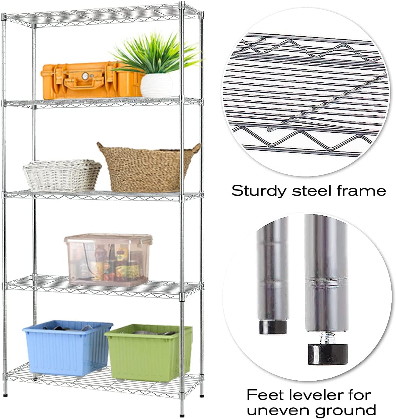 COOKCOK 5 Tire Wire Shelving Unit, 35.4" x 13.8"x 71" Heavy Duty Storage Shelving Unit, Height Adjustable Rolling Metal Shelf for Restaurant Garage Pantry Kitchen, 550lbs Capcity, Silver