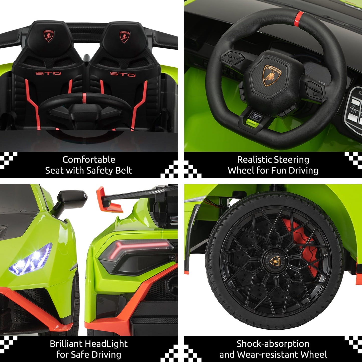 Track Seven 24V Kids Ride on Car, Licensed Lamborghini STO Electric Car for Boys Girls, 2-Seater Ride on Drift Car with Remote Control, Music, 360° Spin, Max Speed 6mph, Green