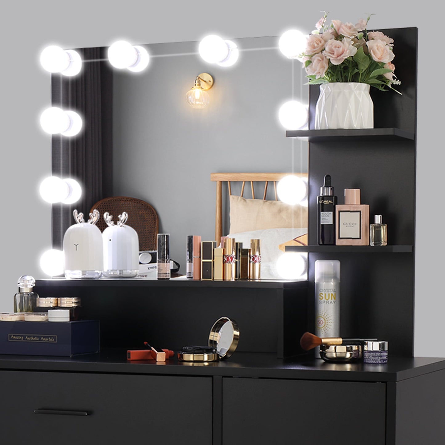 COOKCOK Vanity Set with Lighted Mirror, 10 LED Bulbs Vanity Dressing Table with 3 Storage Shelves 1 Drawer 1 Cabinet, Makeup Table with Cushioned Stool, Black