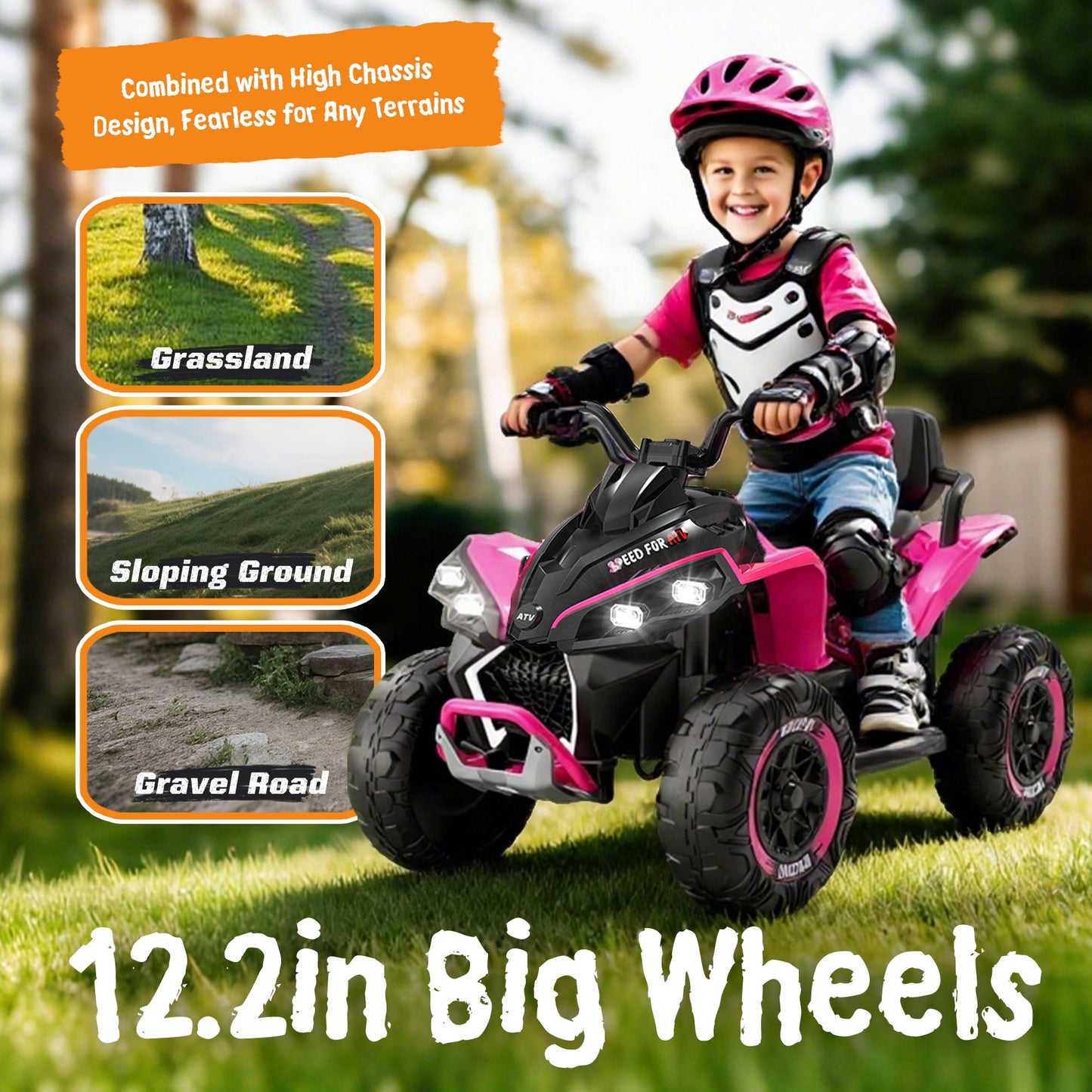 Track Seven 24V Kids Ride-On ATV, Four Wheeler Quad Electric Car with Remote, 2 Speeds, Bluetooth, LED Light, English Storytelling, Shock Absorber, Kids Electric ATV for Boys Girls Aged 3+, Pink