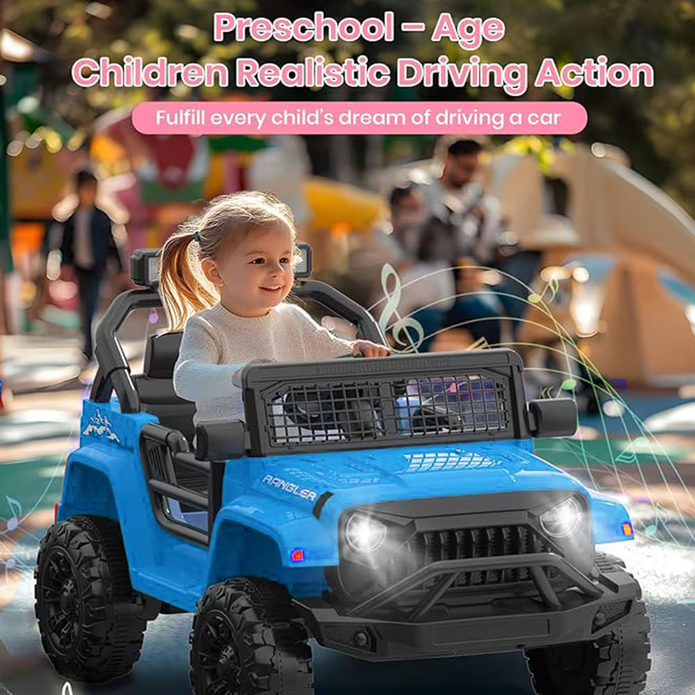 Track 7 Ride On Car, 12V Electric Kids Toy with Remote Control, Bluetooth, Music, LED Lights for Kids Aged 3-5, Blue