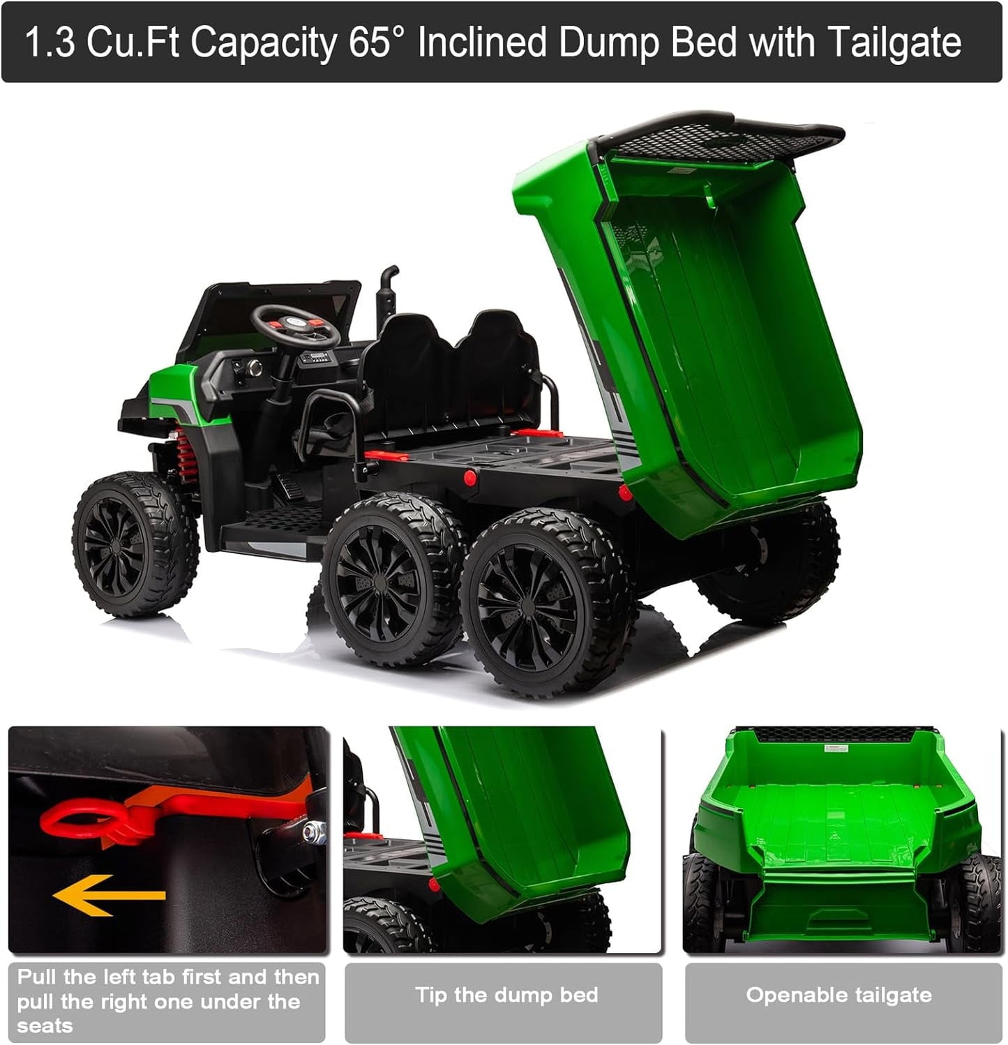 Track Seven 24V Ride on Car, 2-Seater Ride On Dump Truck, 6 Wheels Electric Car with Remote Control, Music, Shift Lever, off-Road Ride on UTV, Green