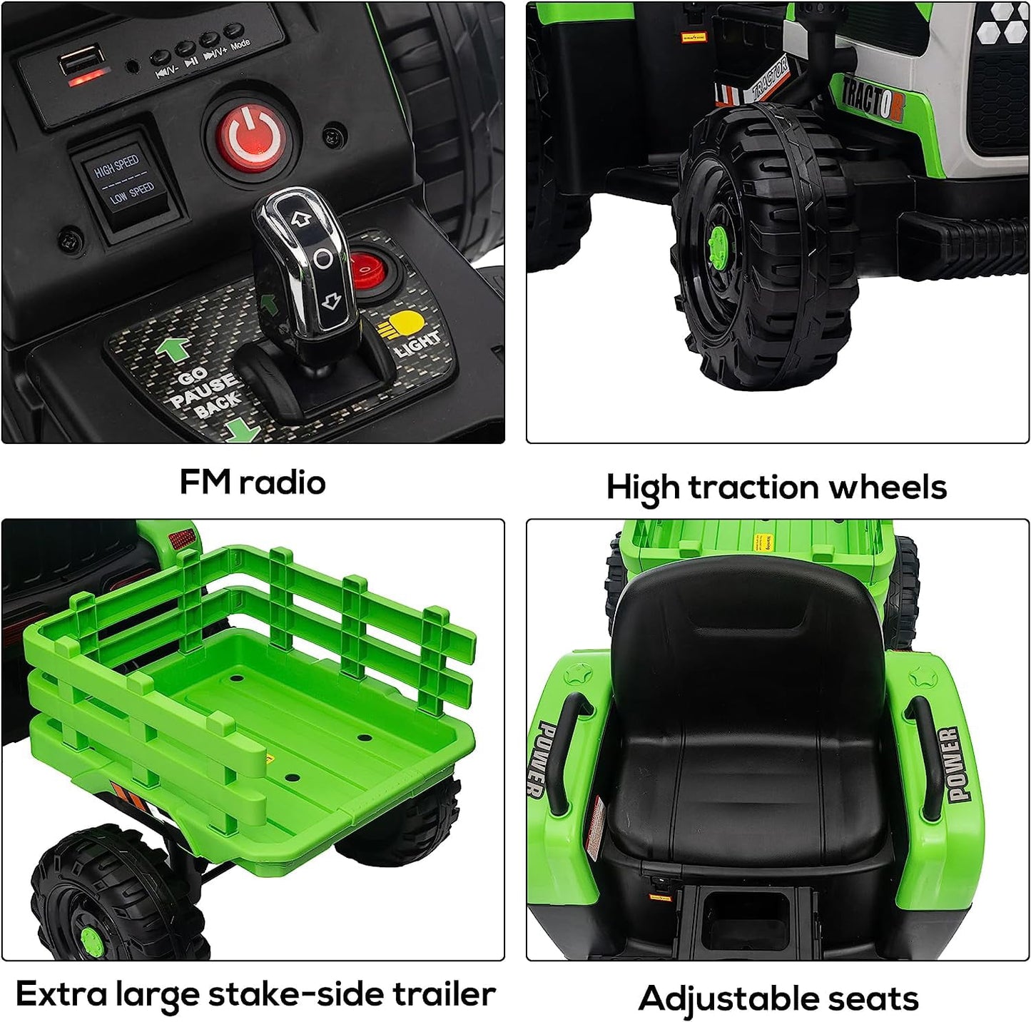 Track Seven 24V Ride on Tractor with Trailer, 400W Motor, 6-Wheels Ride on Truck Car with Remote Control, Music, Lights, Electric Tractor Max Speed 5 mph, Green