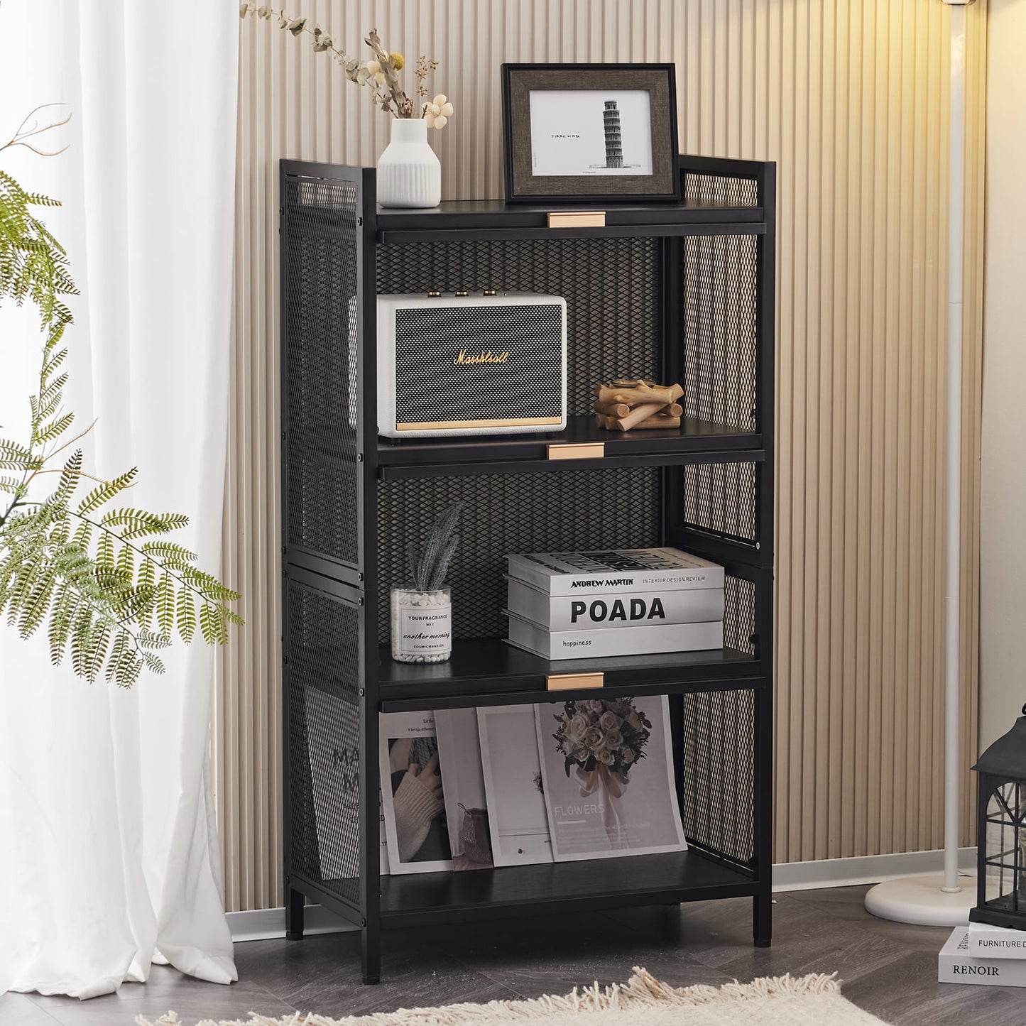 COOKCOK 4-Tier Storage Shelf, Kitchen Storage Cabinet with Flip-up PC Doors, Mobile Microwave Stand, Freestanding Kitchen Bakers Rack with 4 Rolling Casters, 23.62"x12.59"x42.91", Black