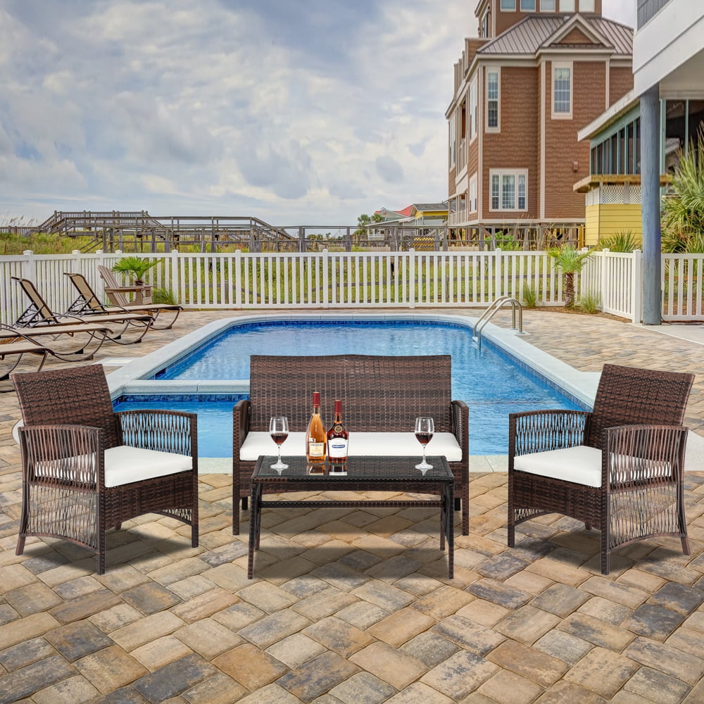COOKCOK 4 Pieces Patio Set,Outdoor Wicker Patio Furniture Sets,Bistro Set Rattan Arm Chair Conversation Sets with Tempered Glass Coffee Table,Rattan Sofa Set,Brown
