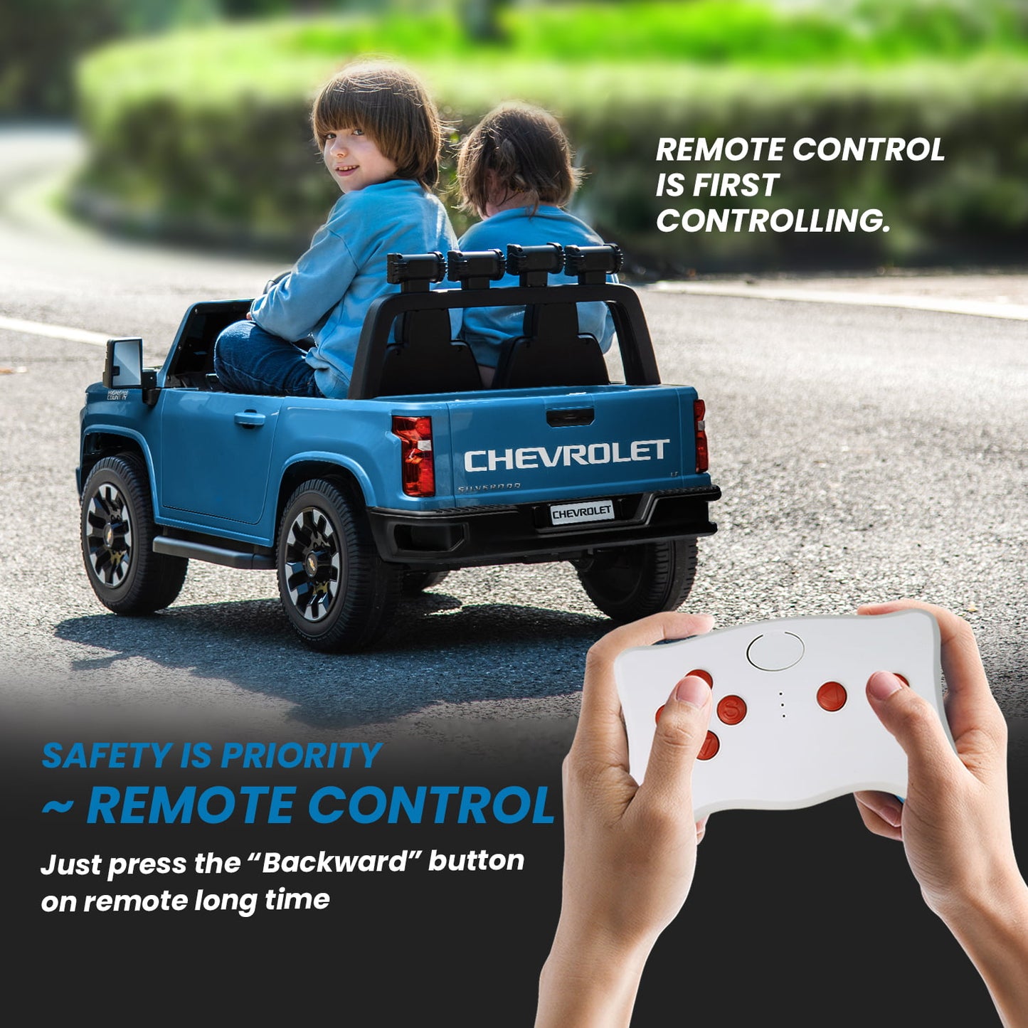 Track Seven 24V Ride on Car, Licensed Silverado HD 2 Seater Electric Car for Boys Girls Age 3+, 24V Ride on Truck w/Remote Control, Music, ABC, Blue
