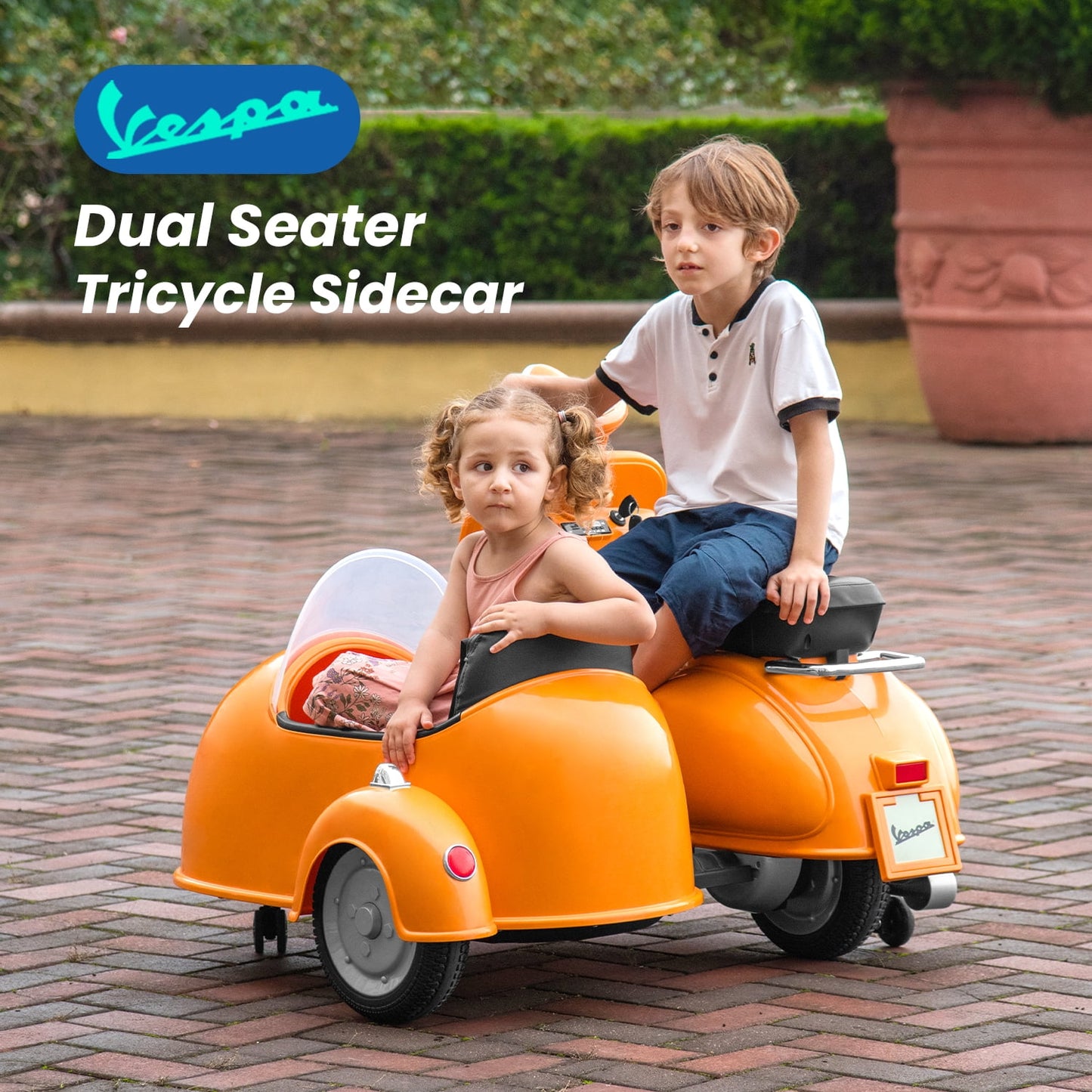 Track Seven 12V Licensed Vespa Ride on Motorcycle with Side Car, 2-Seater Electric Car for Kids Age 3+, Music, Max Speed 4.8mph, Orange
