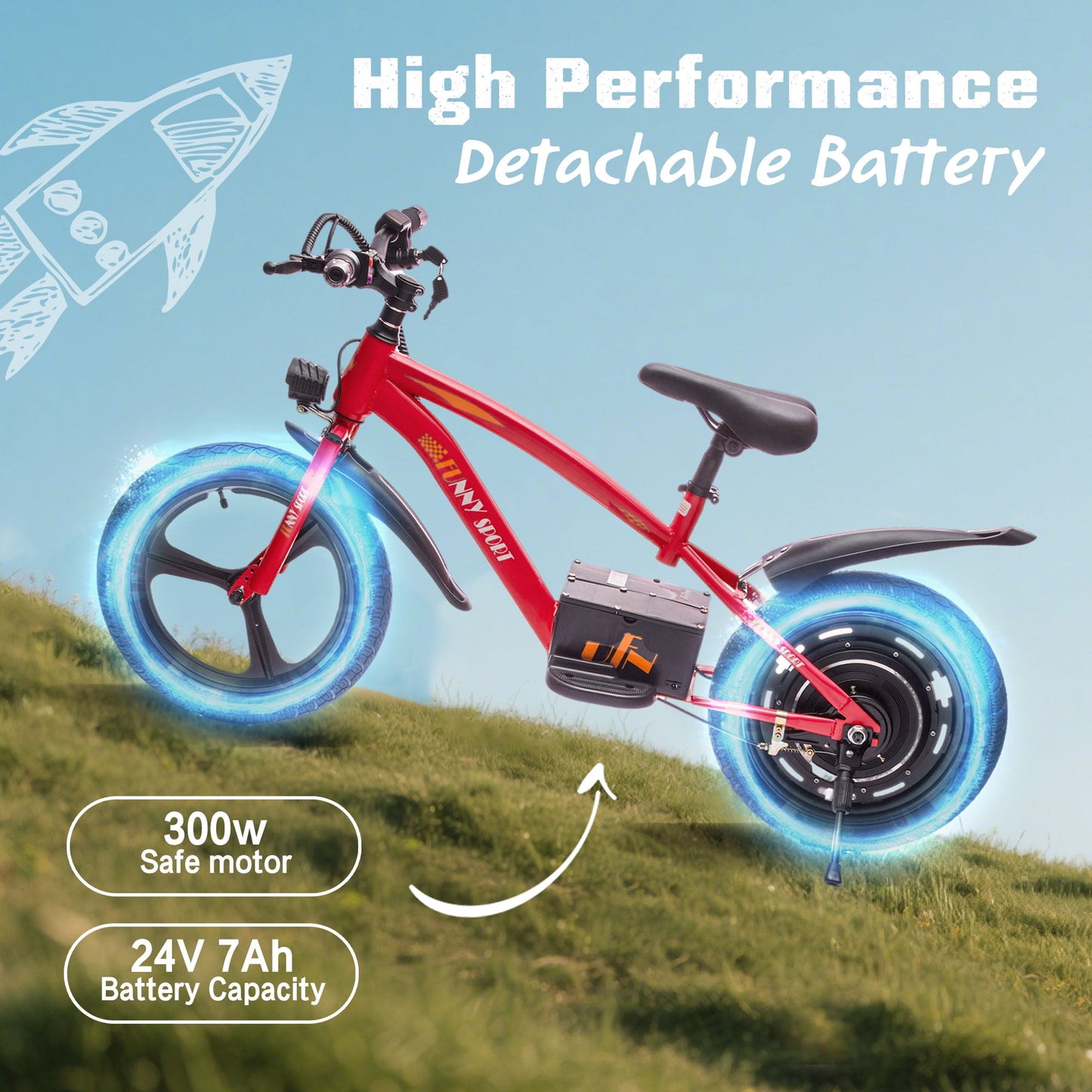 Track Seven 24V Kids Electric Dirt Bike, Ride on Mini Bike, 300W Super Power Motor, Up to 12.43 MPH, 16" Wheels, Adjustable Seat Height, Bright Headlight, Hand-Operated Brakes for Ages 5+, Red