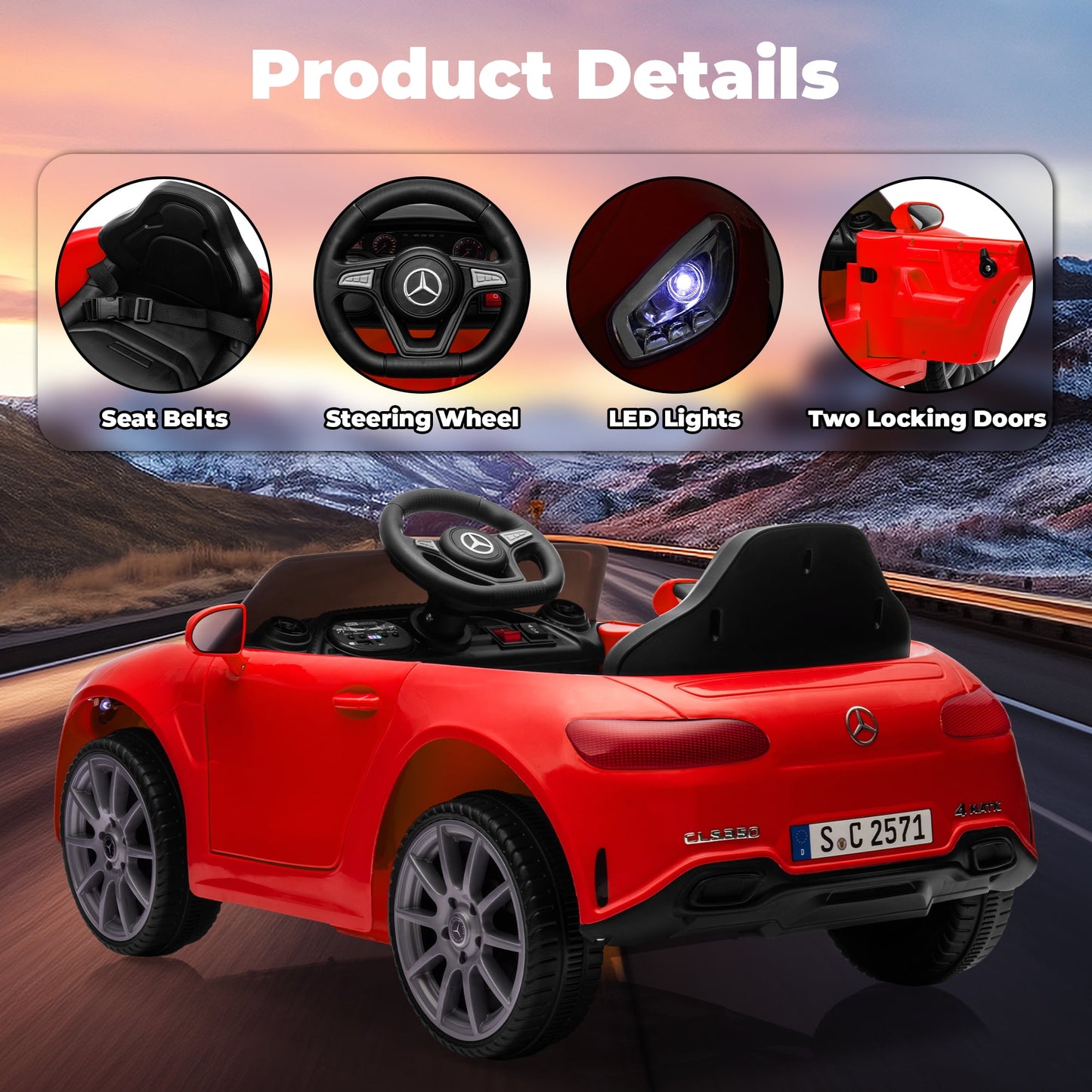 Track Seven 12V Licensed Mercedes-Benz CLS 350 Kids Ride On Toys, Electric Cars with Parent Control, Music, Bluetooth, LED Lights, Spring Suspension for Boys Girls Aged 2+, Red