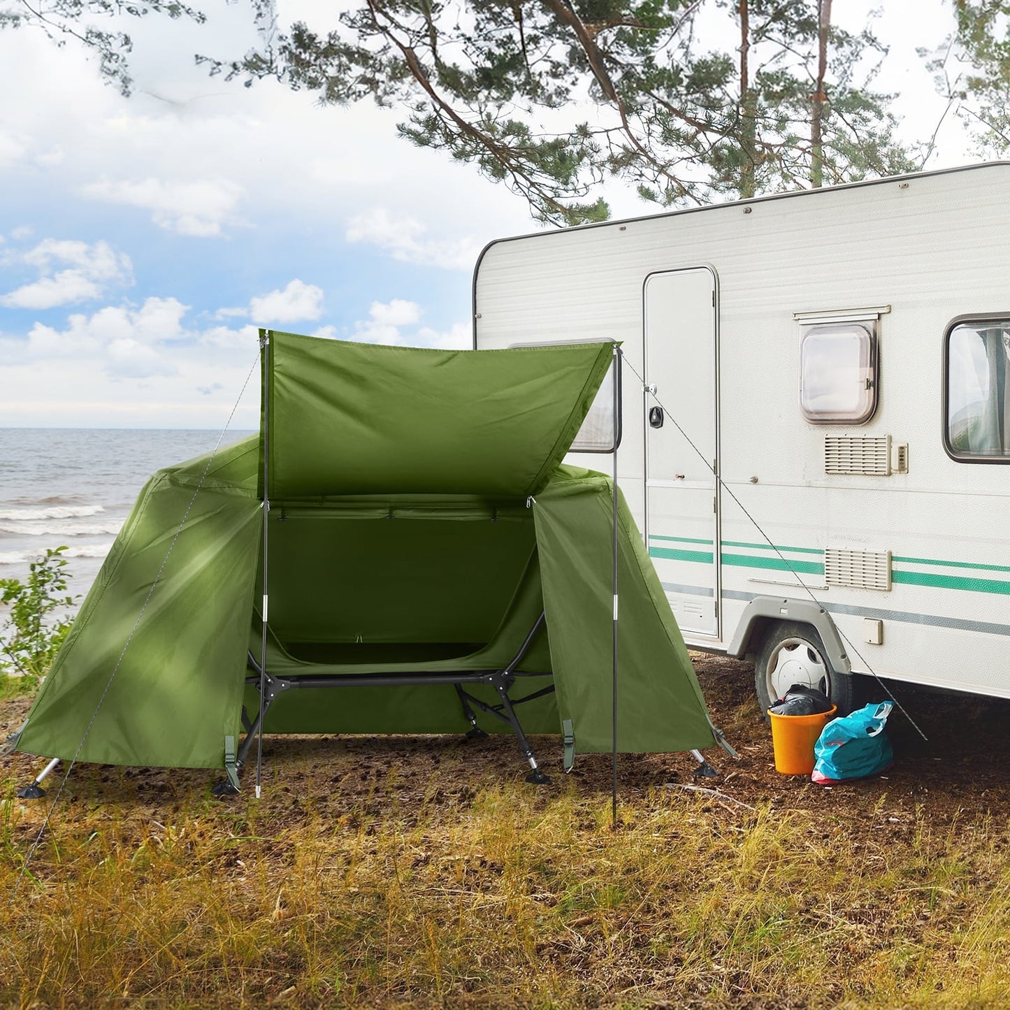COOKCOK Camping Tent, with Storage Bag, Adjustable Feet, Iron Stands, Camping Bed, 84.6"x 34.5"x 49.2", Army Green