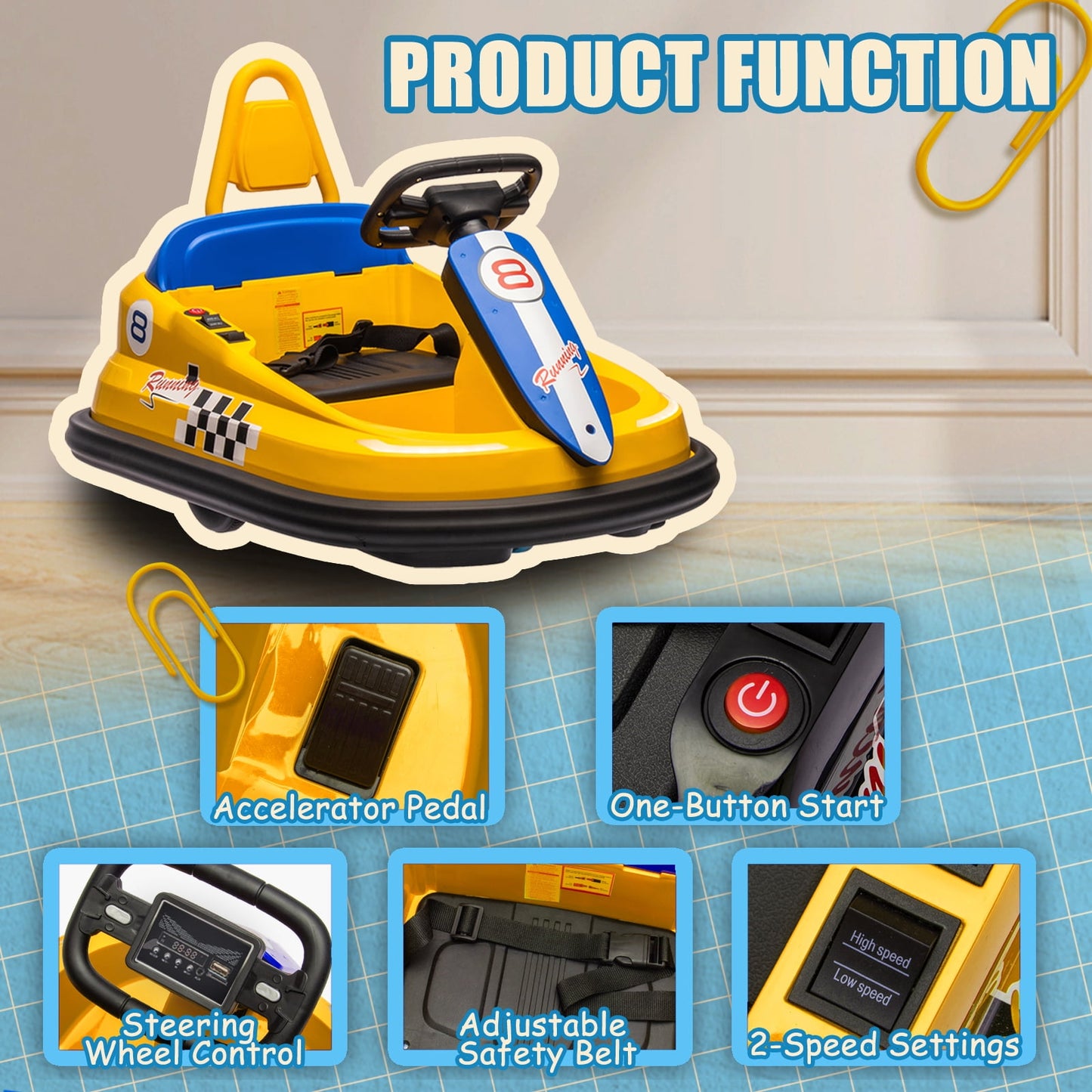 Track 7 6V Kids Ride On Bumper Car, Electric Toddles Ride On Car with Remote Control, 2 Driving Modes for Kids with Three Speed Adjustable, LED Lights, Horn, Bluetooth, Yellow