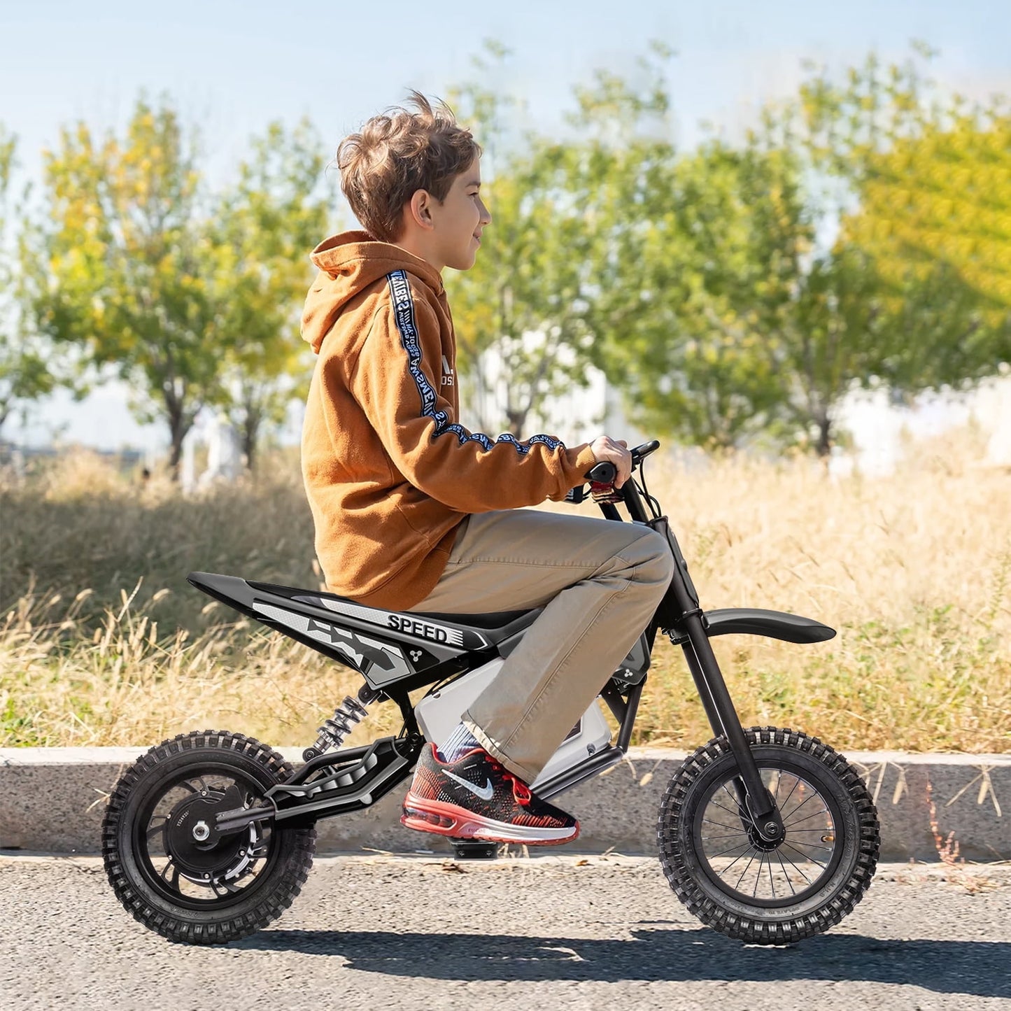 Track Seven 24V Electric Dirt Bike, 350W Ride on Motorcycle with Twist Grip Throttle, Hand-Operated Dual Brakes, Speed Up to 10 MPH, for Age 8-12, Black