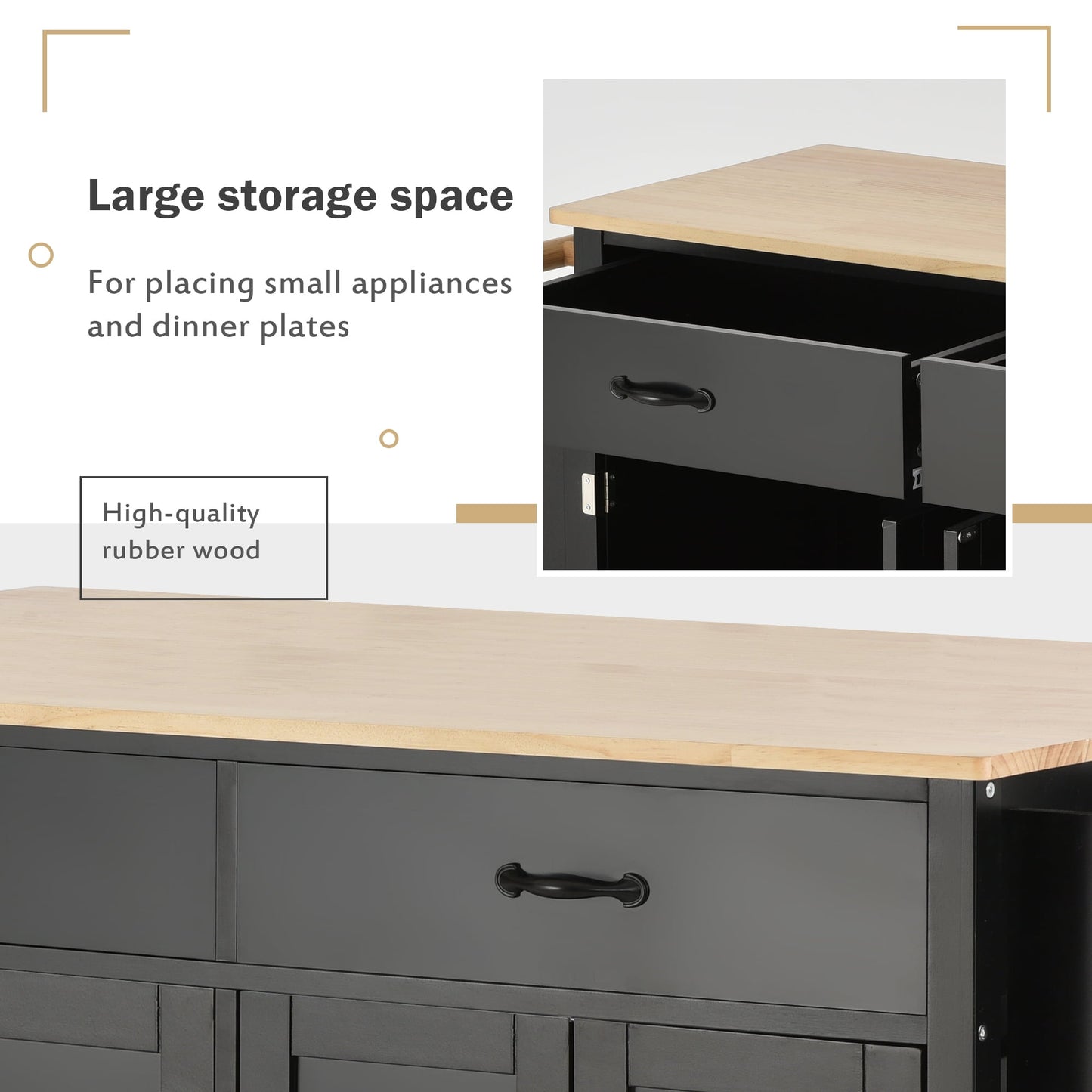 COOKCOK Kitchen Island Cart, Rolling Mobile Kitchen Island Cart with Wood Top and Locking Wheels, Storage Utility Cart with 4 Door Cabinet and Two Drawers, Spice Rack, Towel Rack, Black