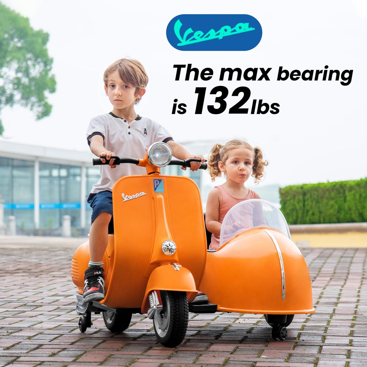 Track Seven 12V Licensed Vespa Ride on Motorcycle with Side Car, 2-Seater Electric Car for Kids Age 3+, Music, Max Speed 4.8mph, Orange