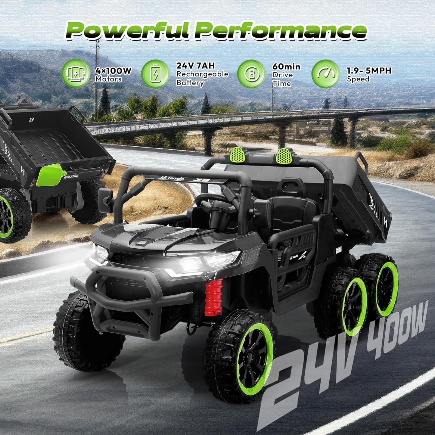 Track Seven 24V 2-Seater Ride on Dump Truck, 4WD 6-Wheel Kids Ride on Car w/Remote Control, Electric Dump Bed, Toy Shovel, Music, Max Speed 5 mph, 21" Large Seat, Ride on Toy for Kids Age 3+, Black