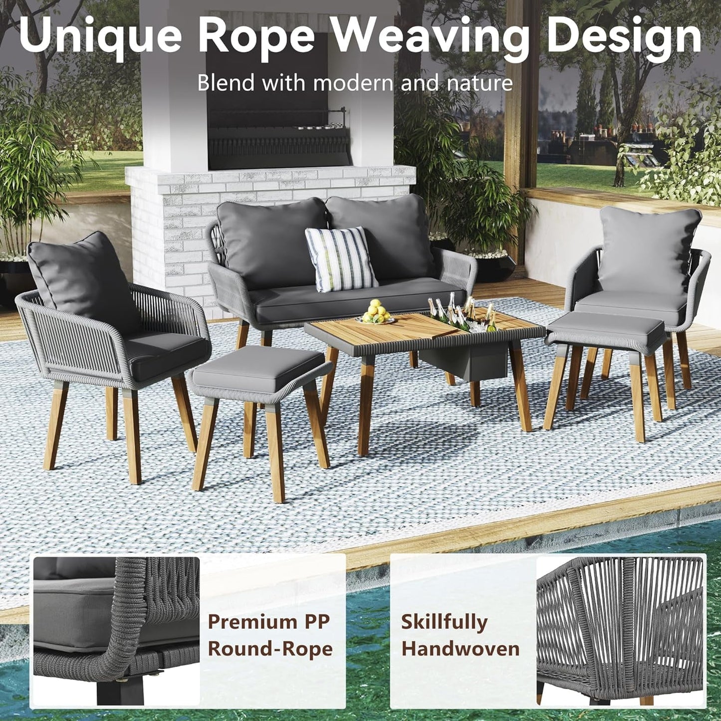 COOKCOK Patio Conversation Set, 6-Piece Rope Outdoor Furniture Set, Section Sofa Set with Acacia Wood Cool Bar Table with Ice Bucket, for Backyard/Porch/Balcony, Gray