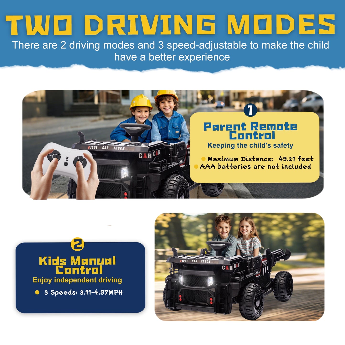 Track Seven 24V Ride on Car, 2-Seater Kids Ride on Dump Truck with E-Rear Dump, Remote, Bluetooth, LED Lights, 19.69" Width Seat, Max 5mph, 400W Motor, Electric Car for Boys Girls Age 3+, Black