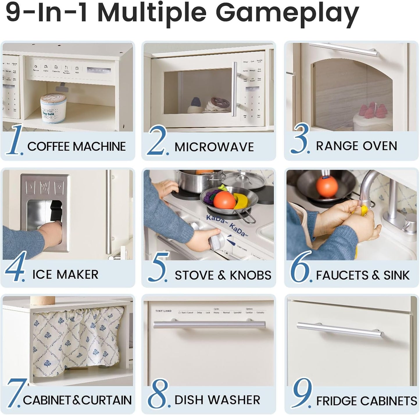 Track Seven Play Kitchen for Kids, Upgraded Wooden Kitchen Toy with Complete Play Areas, Pretend Cooking Set with Sink, Stove, Microwave, Toy Coffee Station & Storage for Kids Ages 3+, White
