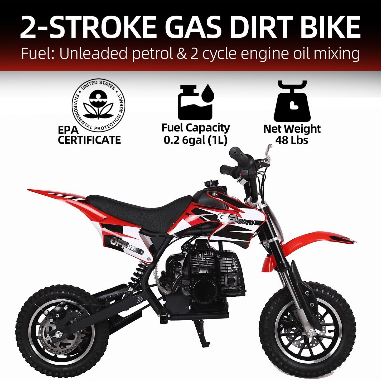 Track Seven 49CC 2-Stroke Kids Dirt Bike, Off Road Gas Motorcycle, Up to 20Mph, Gas Dirt Bike w/Rear Suspension, Pull Start, Front & Rear Disc Brake, Red