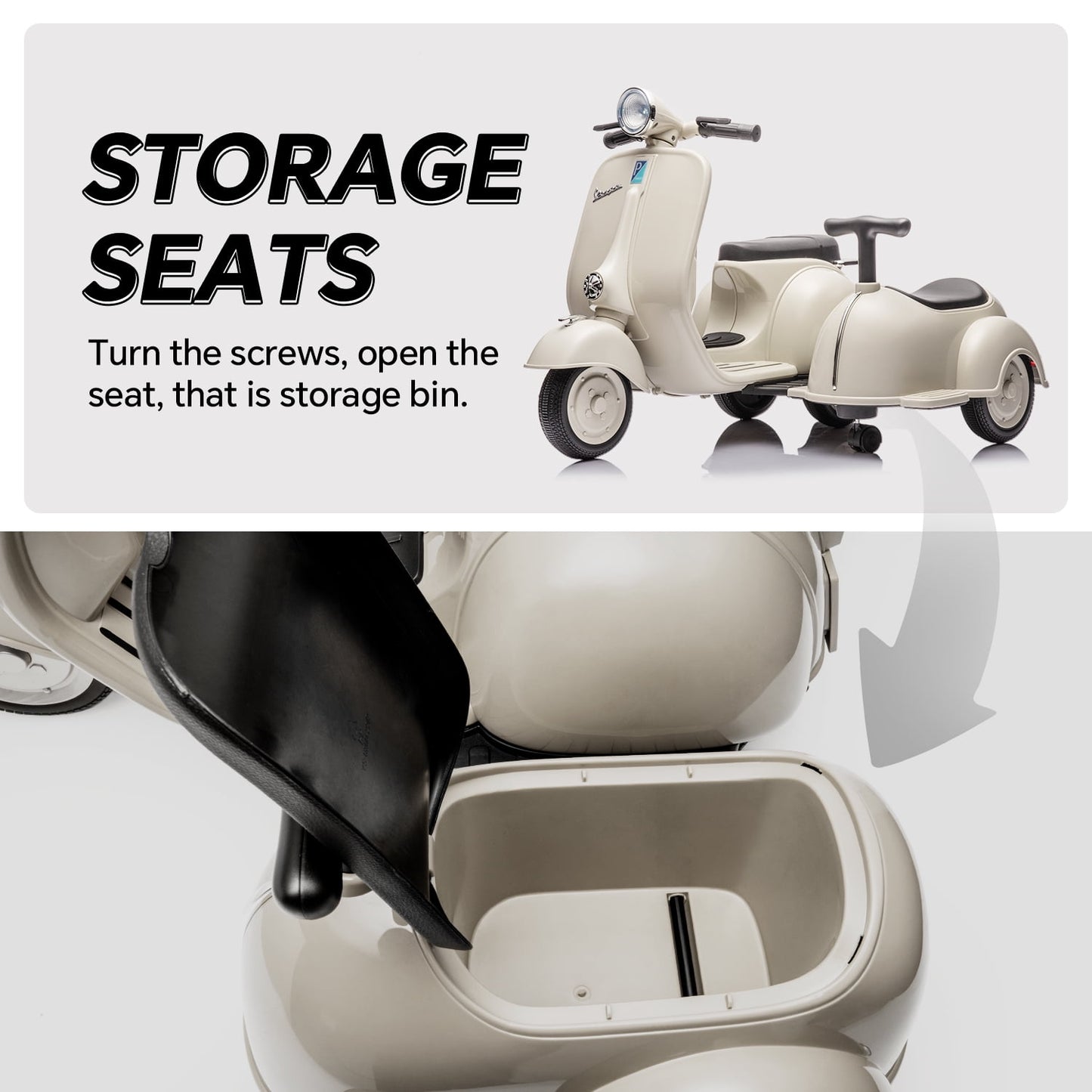 Track Seven Licensed Vespa Ride on Motorcycle with Side Car, 2-Seater Electric Car for Age 2+, Music, Storage Bin, Max Speed 3.7mph, Grey