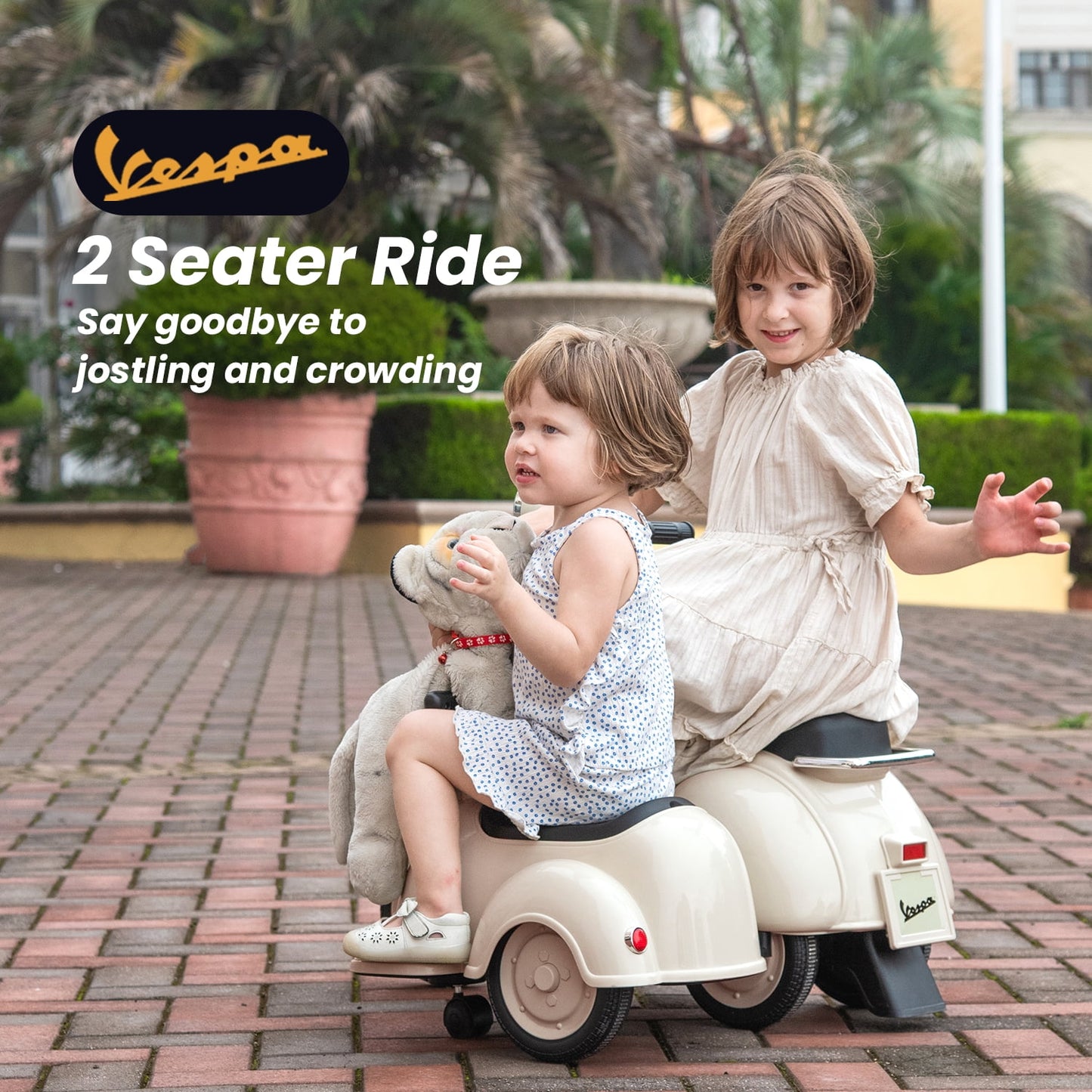 Track Seven Licensed Vespa Ride on Motorcycle with Side Car, 2-Seater Electric Car for Age 2+, Music, Storage Bin, Max Speed 3.7mph, Grey