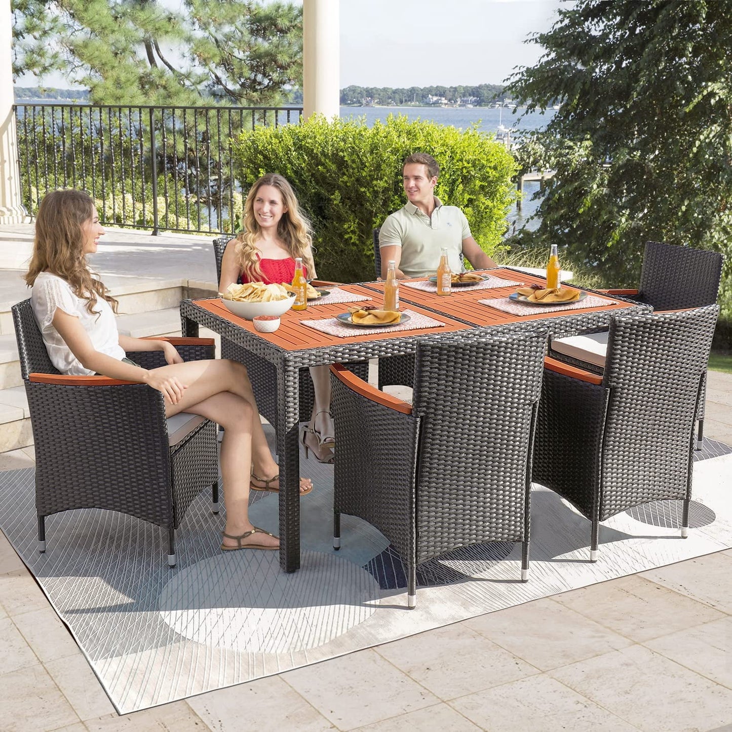 COOKCOK 7 Piece Patio Dining Set, Outdoor Acacia Wood Table & Chairs with Soft Cushion, Garden, Black