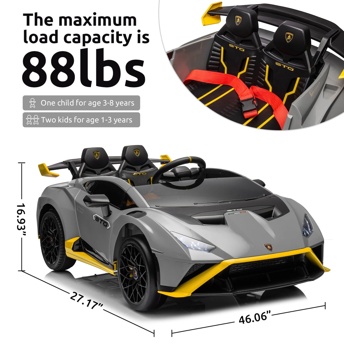 Track Seven 24V Kids Ride on Car, Licensed Lamborghini STO Electric Car for Boys Girls, 2-Seater Ride on Drift Car with Remote Control, Music, 360° Spin, Max Speed 6mph, Grey
