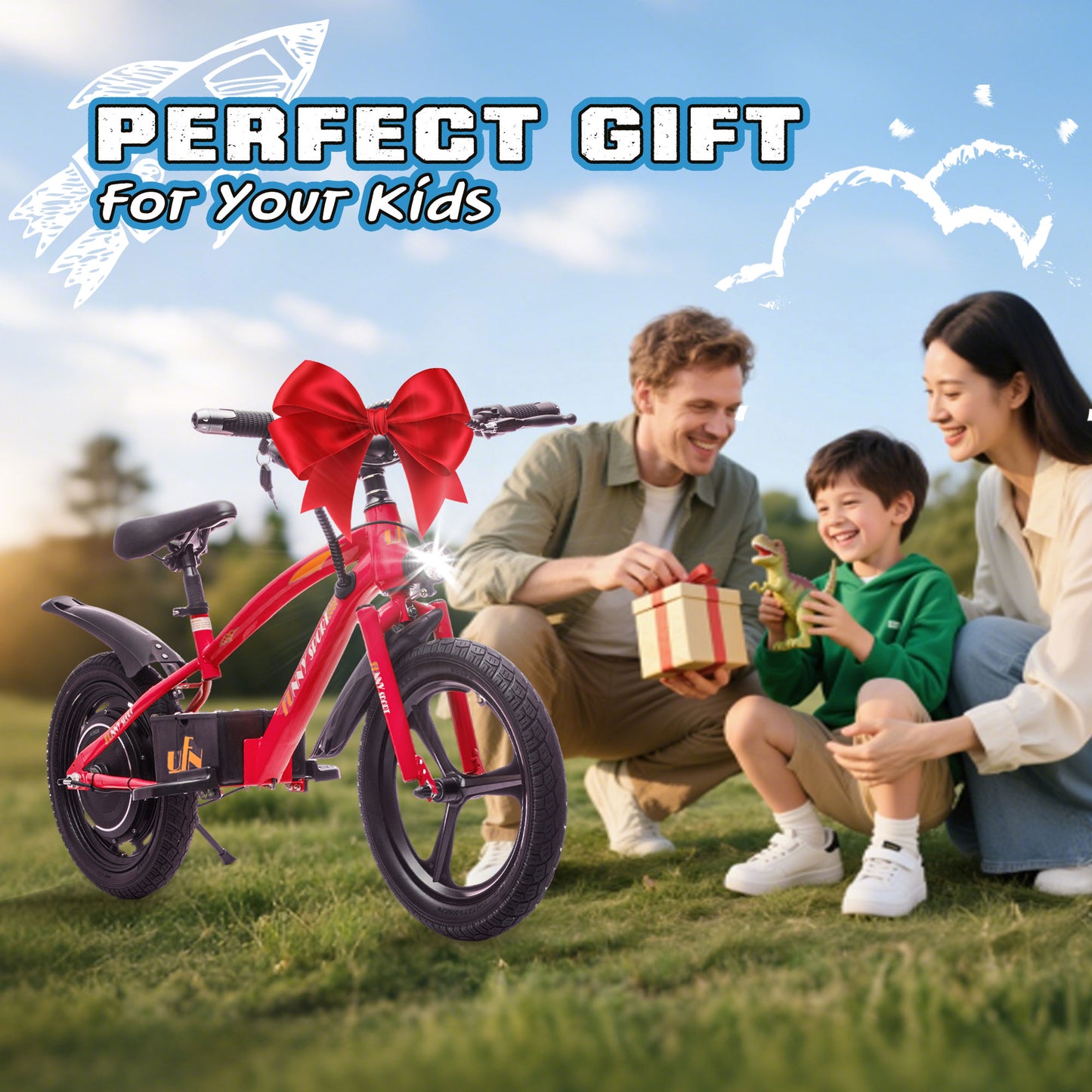 Track Seven 24V Kids Electric Dirt Bike, Ride on Mini Bike, 300W Super Power Motor, Up to 12.43 MPH, 16" Wheels, Adjustable Seat Height, Bright Headlight, Hand-Operated Brakes for Ages 5+, Red