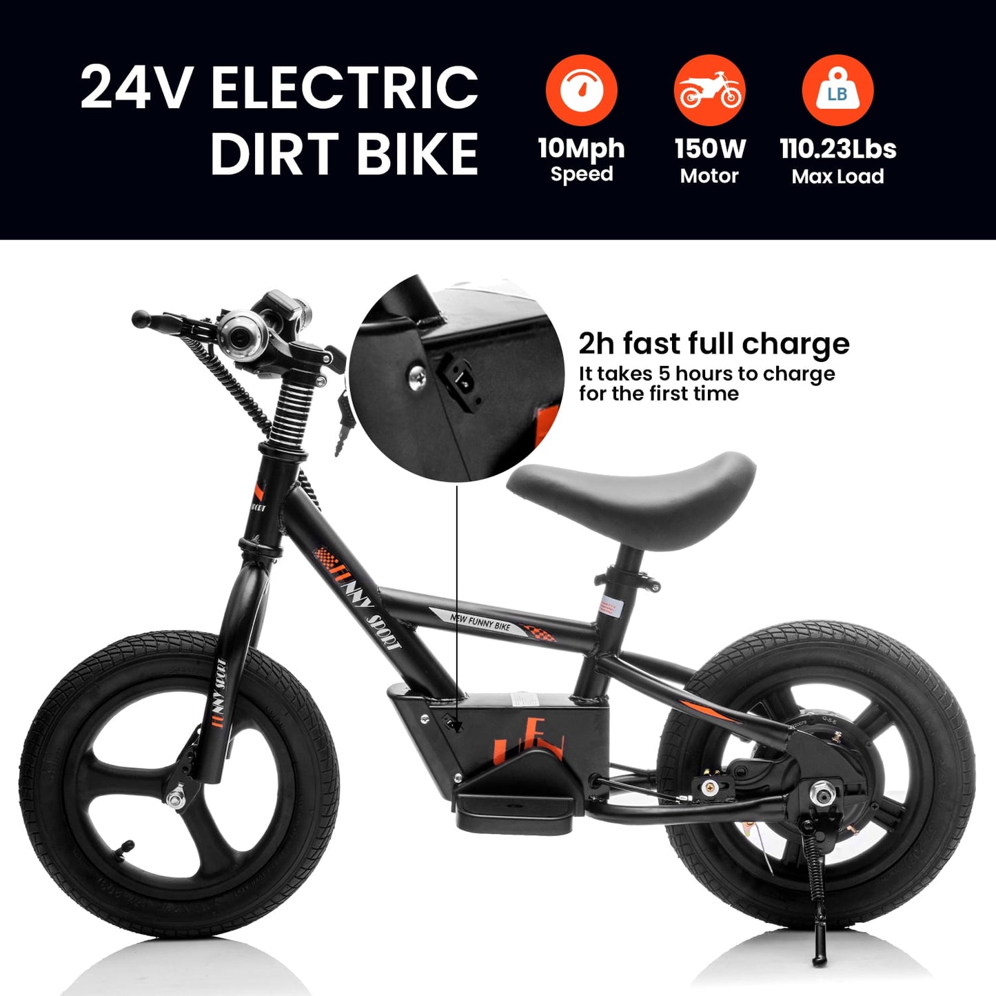 Track Seven 24V Electric Dirt Bike, Kids Electric Motorcycle, Max Speed 10 mph, Height Adjustable, Power Display, Hand-Operated Brakes, Electric Bike for Boys Girls Age 3+, 24V Ride on Car, Black