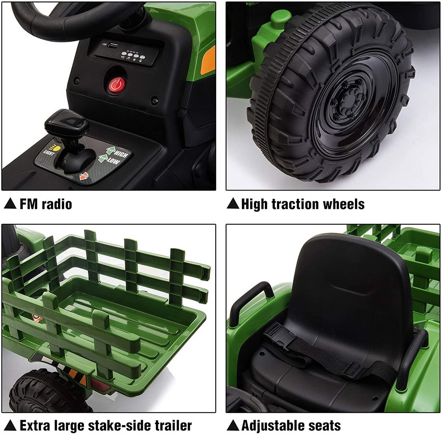 LISUEYNE 12V Ride on Tractor with Trailer, Electric Car with Music, USB, LED Lights, Ride on Car for Kids Age 3-6 Years, Max Speed 5mph, Dark Green