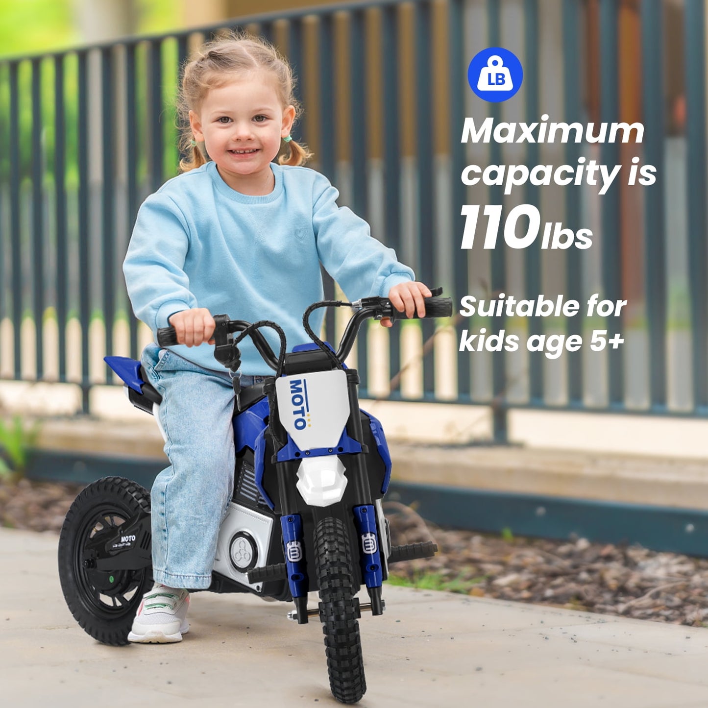 Track Seven 24V Electric Dirt Bike, 200W Motocross Ride on Motorcycle with Hand Operated Brakes, Adjustable Speed, LED Lamp, Music, Max Speed 10mph, Electric Motorcycle for Kids Age 5+, Blue