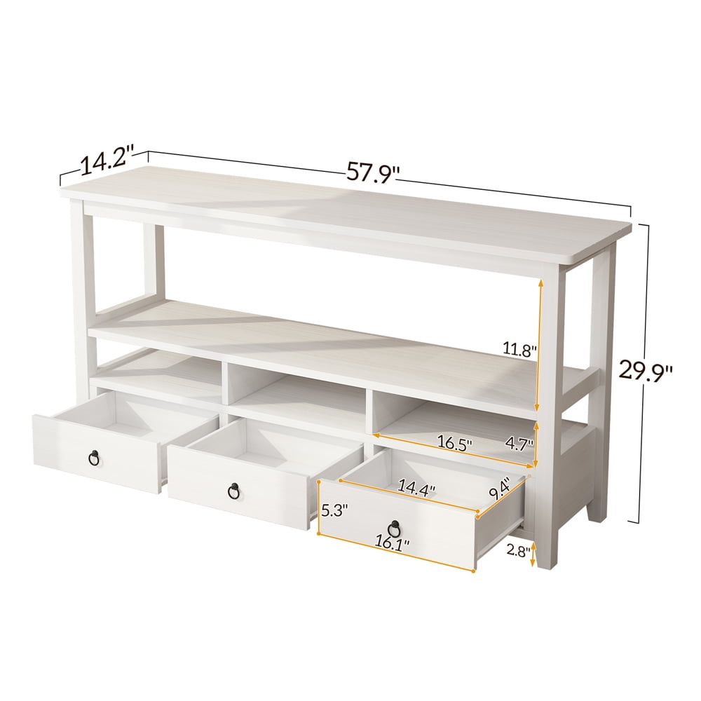 COOKCOK Console Table with 3 Drawers, Industrial Sofa Table, Entryway Table with 3-Tier Storage Shelves, TV Console TV Stand for Hallyway, Living Room, White