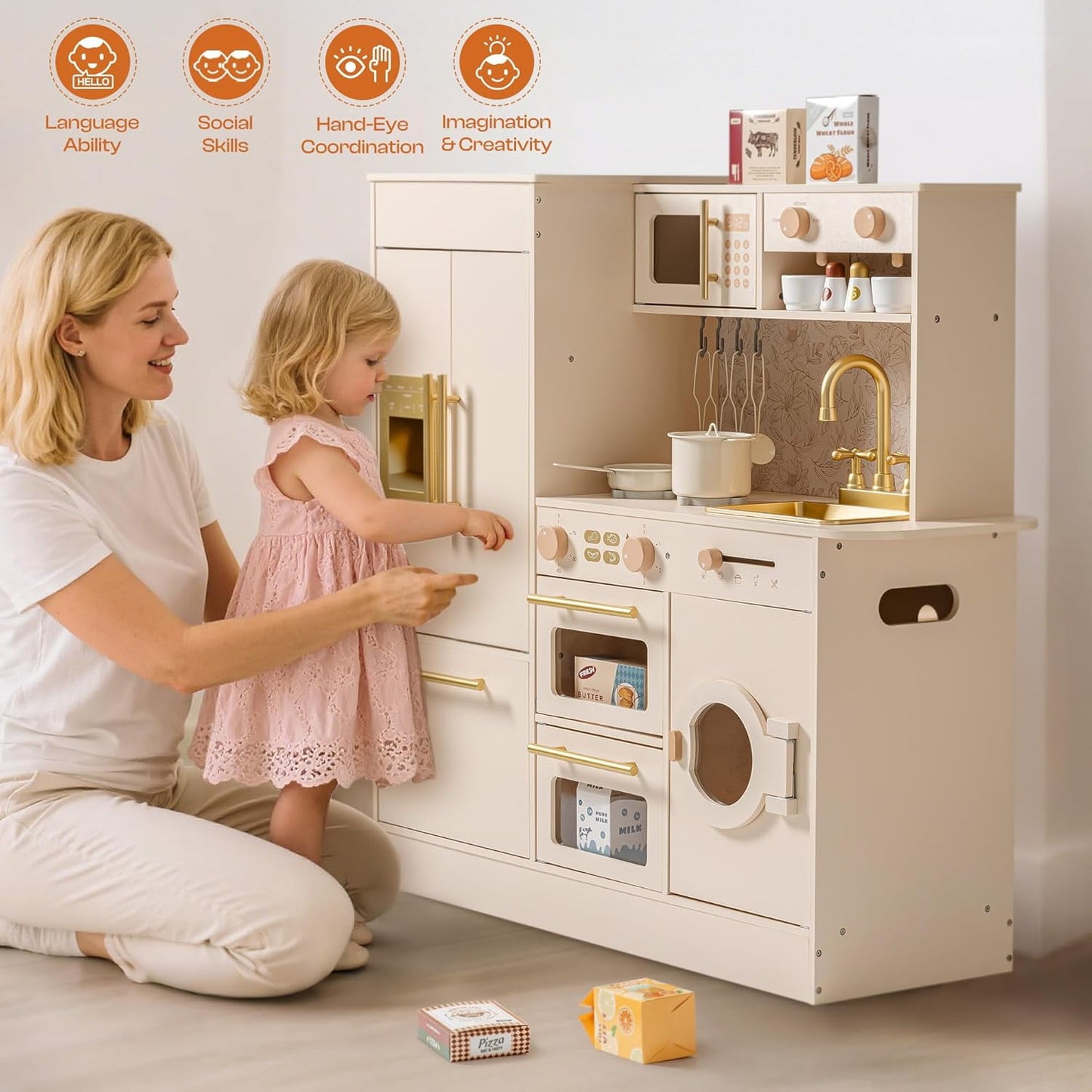 Track Seven Wooden Play Kitchen for Kids, Toddler Kitchen Set with Refrigerator, Dishwasher & Oven – Beige Kitchen Playset with Gold Sink & Handles, Toy Kitchen for Girls and Boys Ages 3
