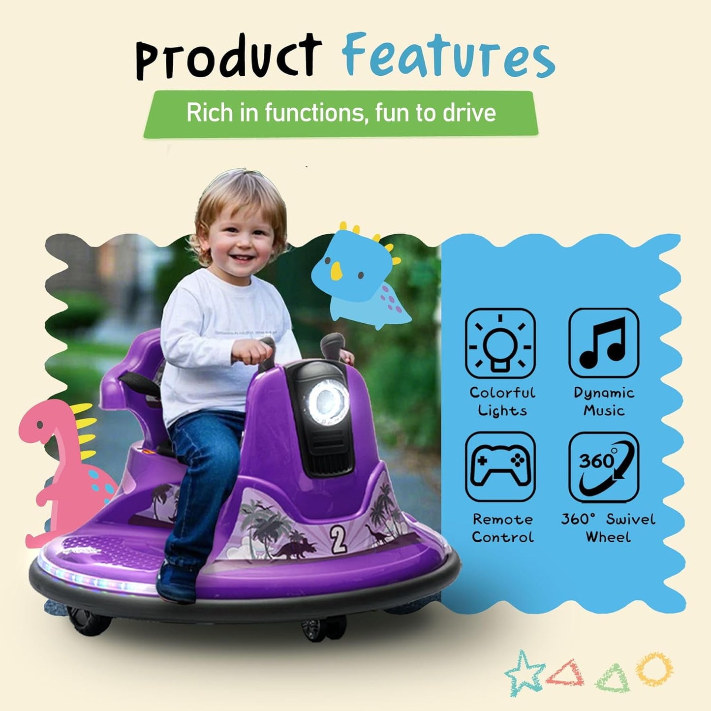 Track Seven 12V Ride On Bumper Car, 360° Spin, Remote Control, Dual Steering Handles, Kids Bumper Car with LED Lights, Music, Joysticks, Electric Car for Toddlers Boys Girls Ages 2-5, Purple