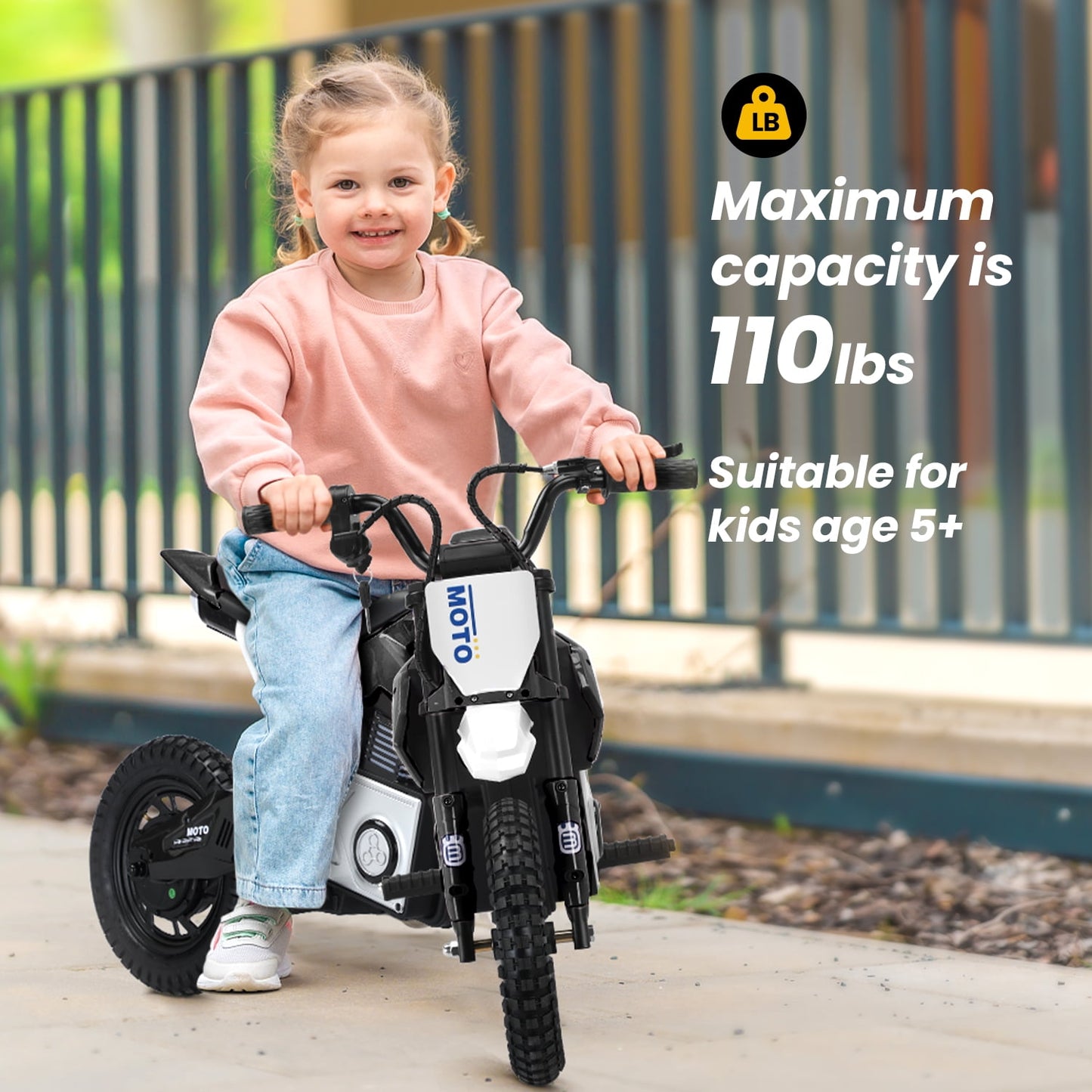 Track Seven 24V Electric Dirt Bike, 200W Motocross Ride on Motorcycle with Hand Operated Brakes, Adjustable Speed, LED Lamp, Music, Max Speed 10mph, Electric Motorcycle for Kids Age 5+, Black