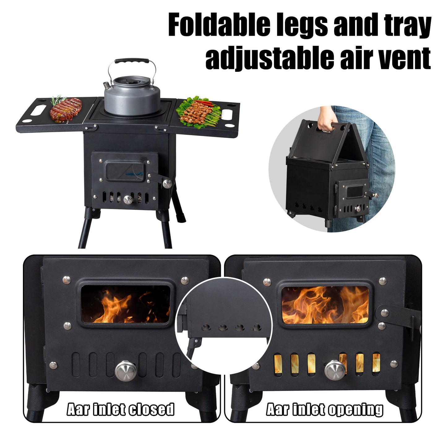 COOKCOK Camping rocket stove with chimney, 22.6"D x 11.4"W x 14.6"H, Alloy Steel, Black