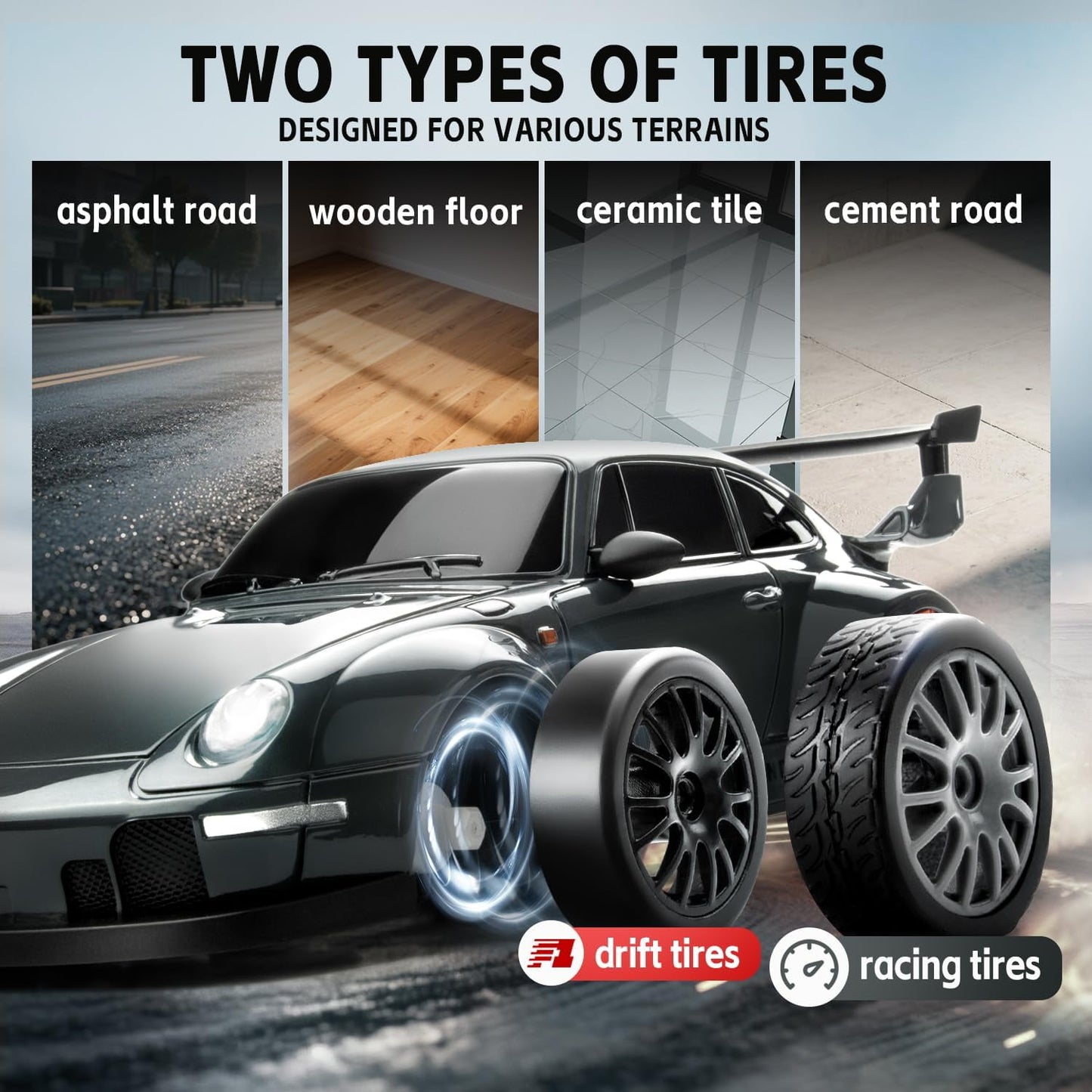 Track Seven RC Drift Car, 1:24 Scale Remote Control Vehicle with LED Lights, 2.4GHz 20KM/H 4WD High Speed RC Cars, Drifting Tires&Two Batteries, Racing Sports Toy Idea Gift for Adults Boys Girls