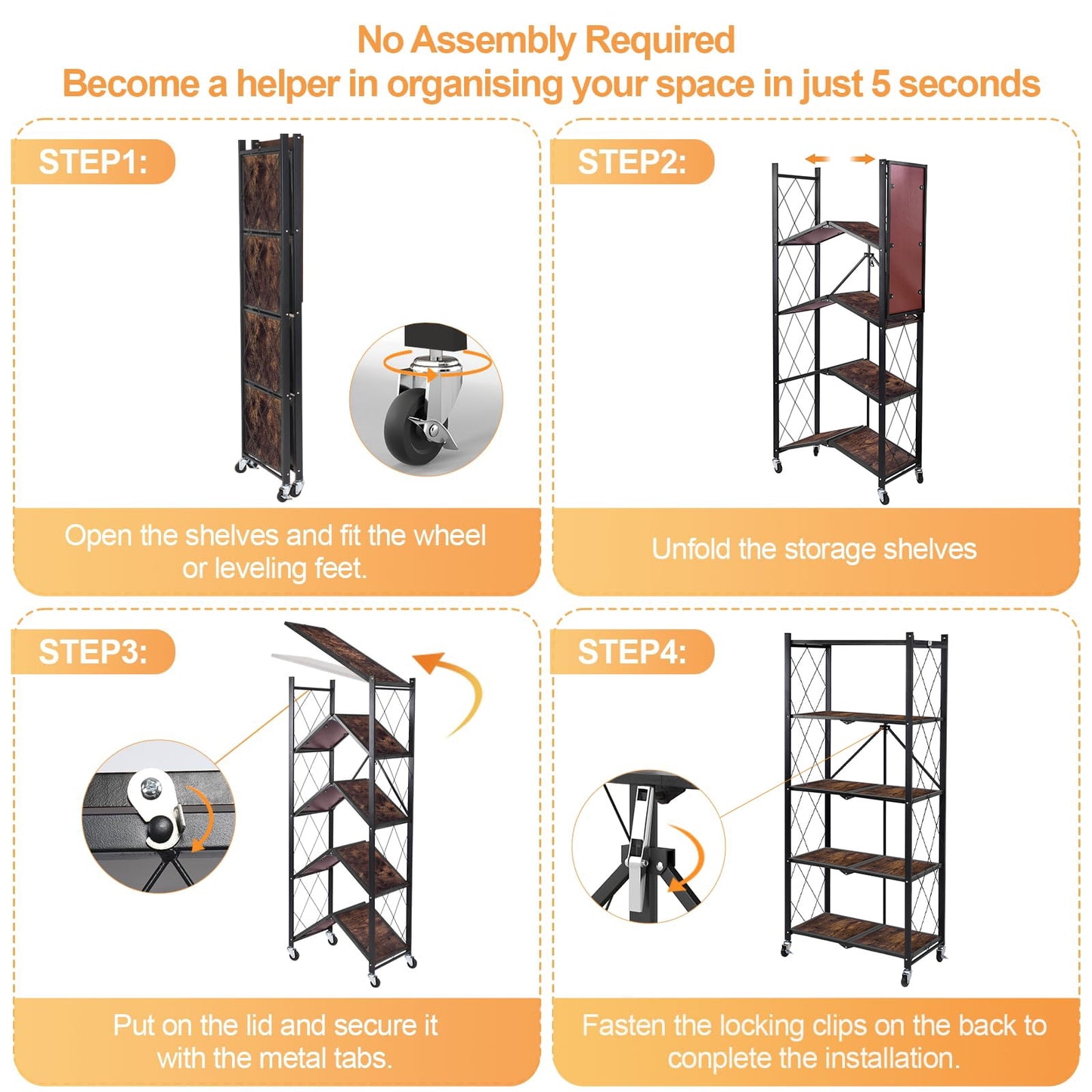 COOKCOK 5-Tier Storage Shelving Unit, Folding Bookshelf, Metal Shelf 27.9"x13.4"x62.5, Foldable Storage Shelf with Wheels, Garage Shelf, Kitchen Shelf, No Assemble Require, Black