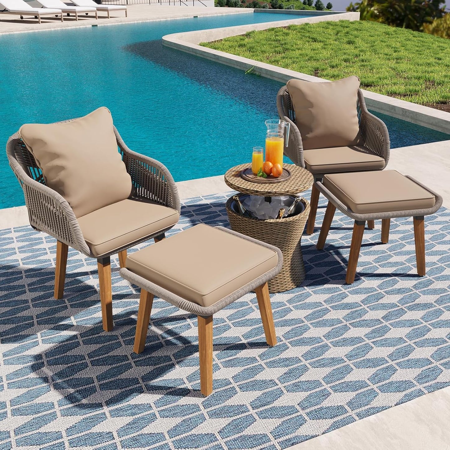 COOKCOK 5 Pieces Patio Furniture Chair Sets, Balcony Furniture Sets with Wicker Cool Bar Table, Wicker Chairs with Ottomans, Outdoor Chairs Set for Backyard, Balcony, Poolside, Brown