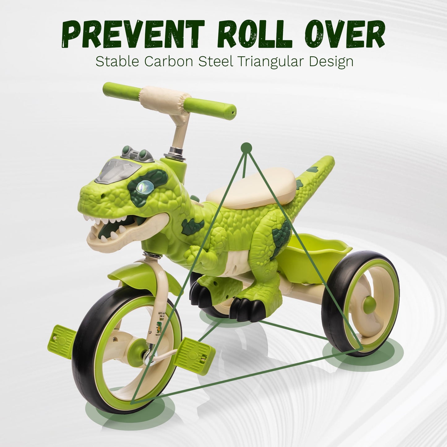Track Seven Dinosaur Kids Tricycle for Rider, Toddlers Trike Bike with Music, LED Lights, Storage Basket, Indoor/Outdoor Preschool Daycare Kids Bike for Boys Girls 3+ Years, Green