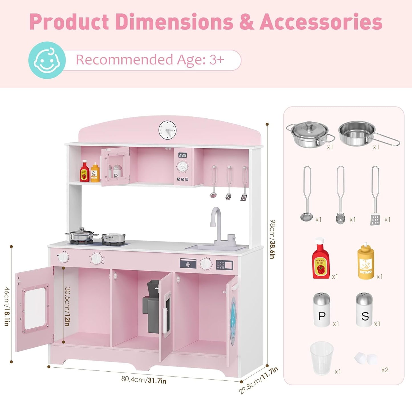 Track Seven Play Kitchen for Kids, Wooden Kids Kitchen Playset with Storage and Realistic Details, Pretend Play Kitchen Set with Ice Maker, Clicking Knobs, Sink, Washing Machine For Toddlers Ages 3+