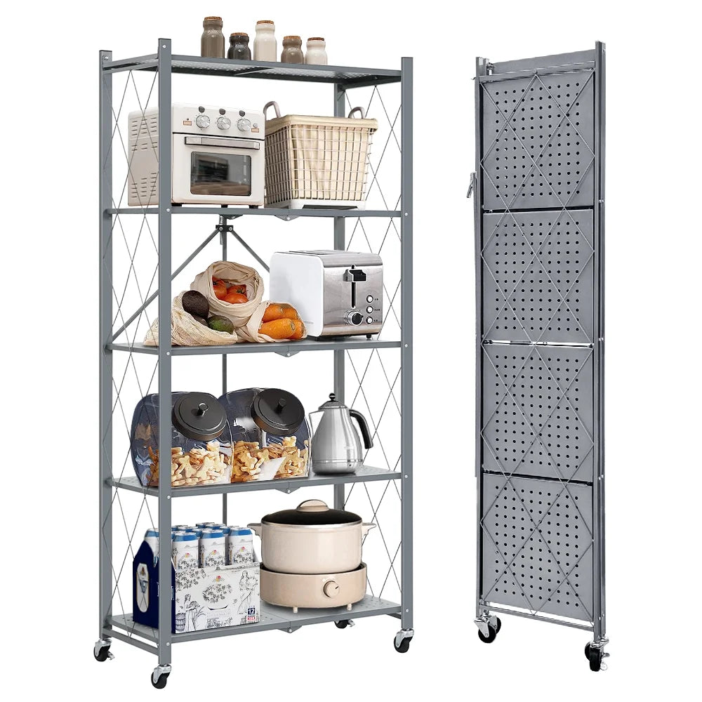 COOKCOK 5-Tier Storage Shelving Unit, Metal Shelf 27.9"x13.4"x62.5, Foldable Storage Shelf with Wheels, Garage Shelf, Metal Storage Rack, Kitchen Shelf with 4 Hooks