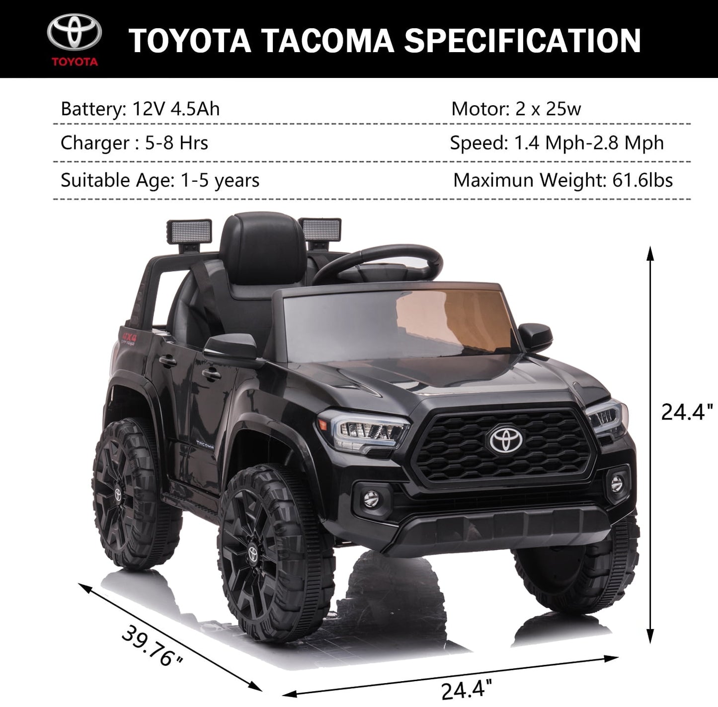Track 7 Ride on Car with Remote Control, 12V Toyota Tacoma Electric Car for Boys Girls Age 3+, AUX/FM/USB, Storage Truck, Black