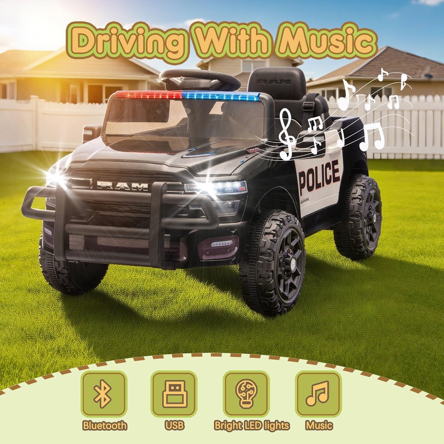 Track Seven 12V Ride on Car, Licensed Dodge RAM 3500 Ride On Truck with Remote Control, Rear Shock Suspension, LED Headlights, Low Battery Alarm, Bluetooth, Music, Ride on Toy for Kids Aged 3+, Black