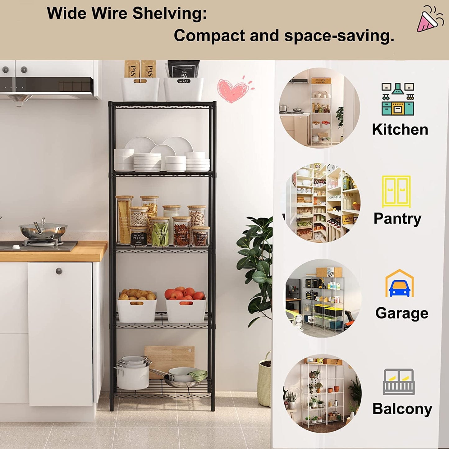 COOKCOK 5-Tier Wire Shelving Unit, 21.2"x 11.42"x 59.1" Storage Shelf, Metal Shelf, Wire Rack Shelving for Home Kitchen Bathroom Garage Pantry Organization, 550lbs Capacity, Black