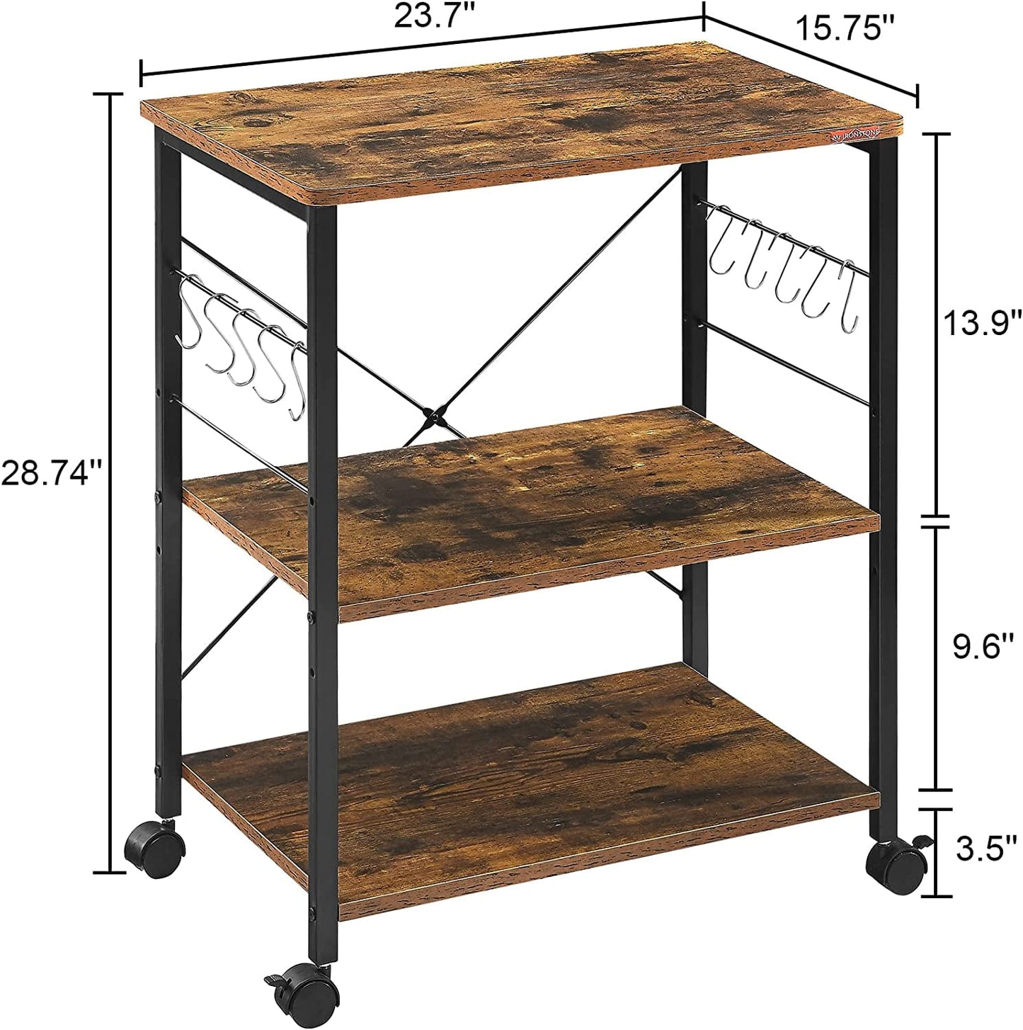COOKCOK Baker's Rack, Kitchen Microwave Cart, Coffee Bar Table Station, 3-Tier Kitchen Utility Storage Shelf with Rolling Wheels , 10 Hooks, Brown