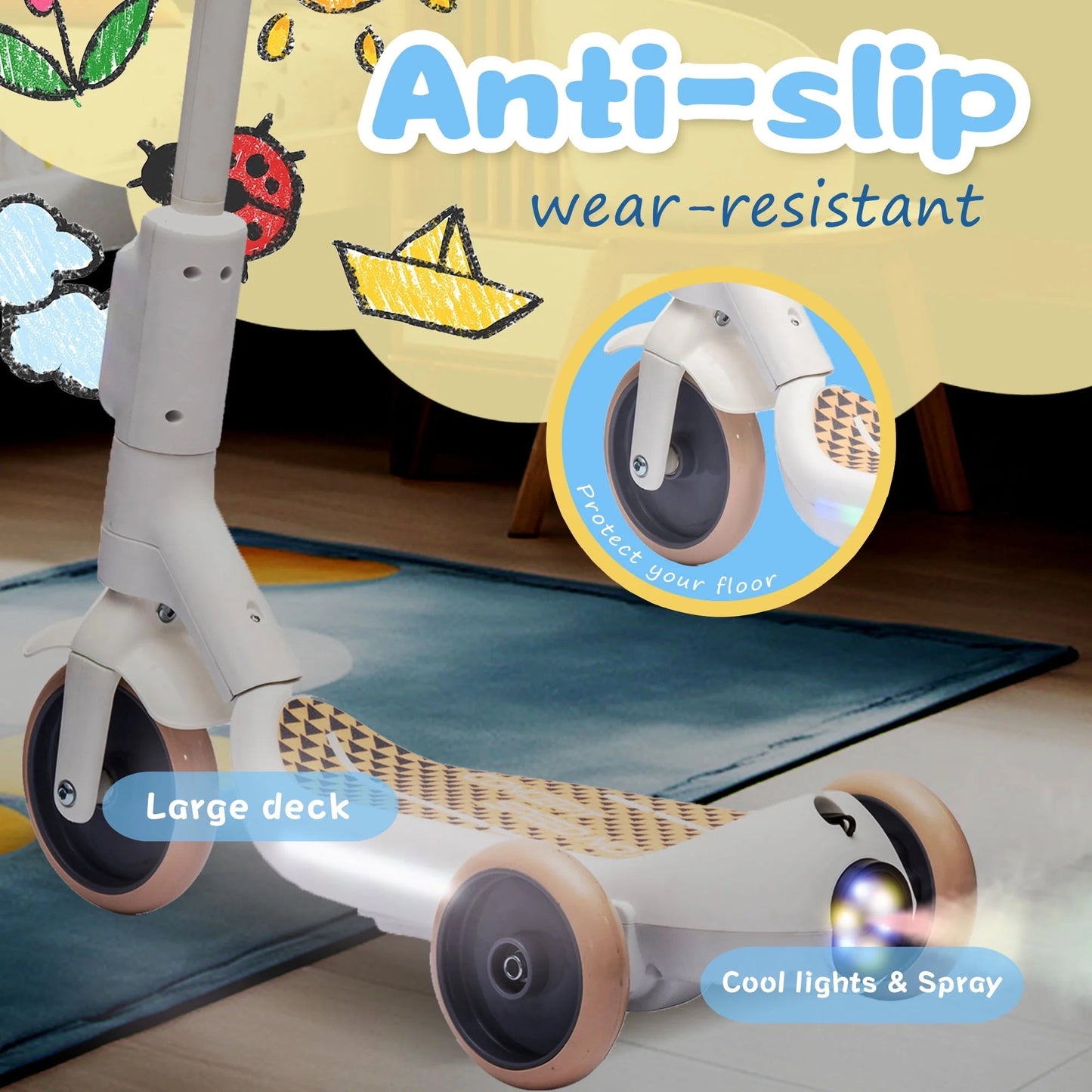 Track Seven Electric Scooter for Kids, 3 Wheels Kids Kick Scooter with Spray, LED Lights, PU Wheels, Wide Pedal, Music, Independent Light Switch, 6V Scooter for Boys Girls Toddlers Ages 3-6, White