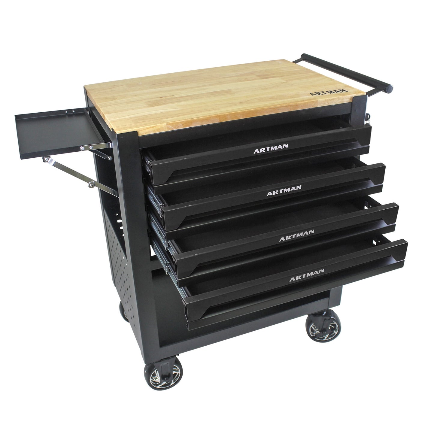 COOKCOK 4 Drawers Multifunctional Tool Cart With Wheels And Wooden Top, 30.30"L x 17.90"W x 35.40"H, Black