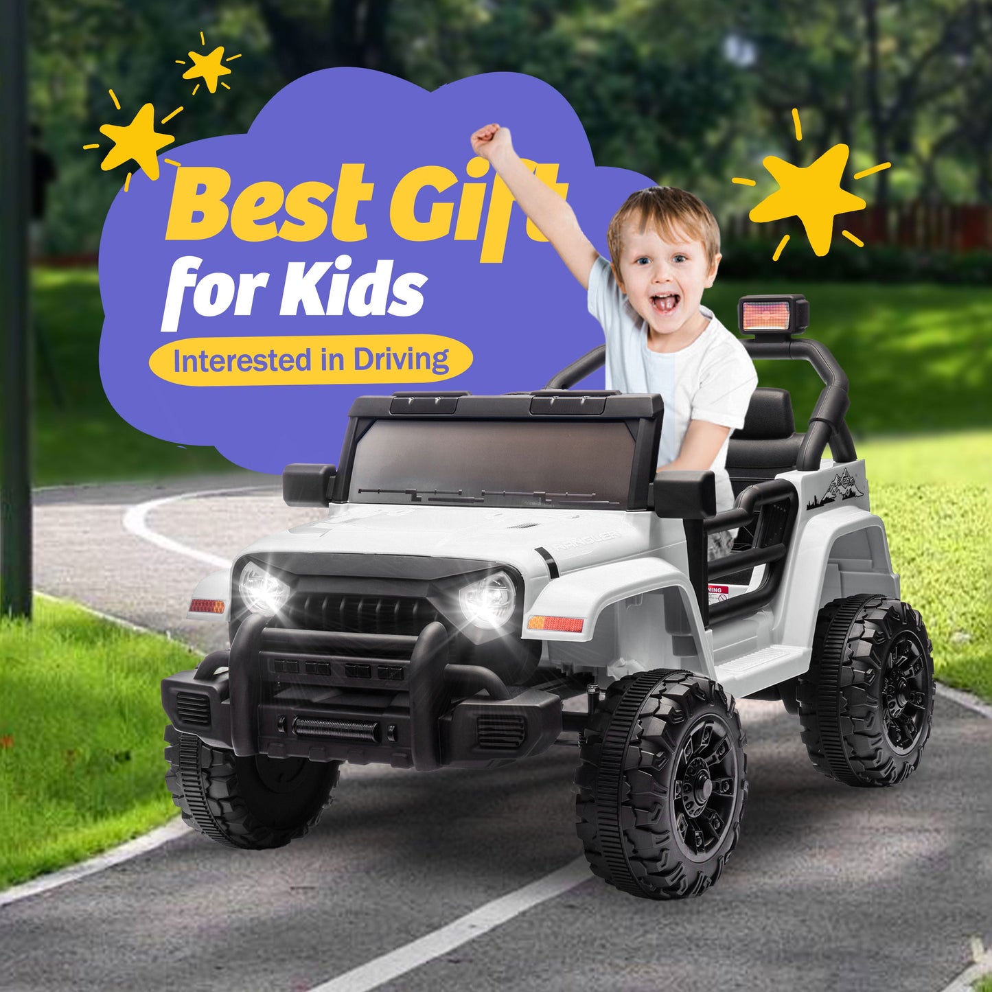 Track Seven 12V Kids Ride on Truck, Electric Car with Remote Control, Off-Road Truck for Boys Girls age 3+, Music, Bluetooth, Spring Suspension with DIY Stickers, White